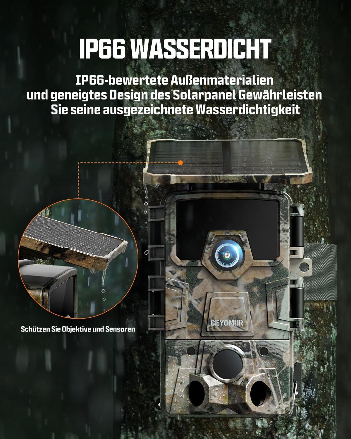 CEYOMUR 4K 30fps 64MP Wi-Fi 6 Wildkamera mit Handyübertragung App, 120° Erfassungswinkel, 0,1s Auslösezeit, 5200mAh Akku, 64GB SD-Karte, IP66 Wasserdicht