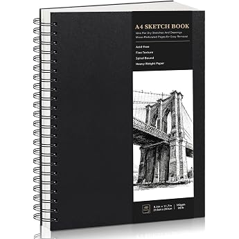 Sketchbook A4 160 g/m&sup2; Spiral Bound Drawing Pad 40 Sheets | Thick, eraser-resistant paper, matte surface, flat laying, for pe