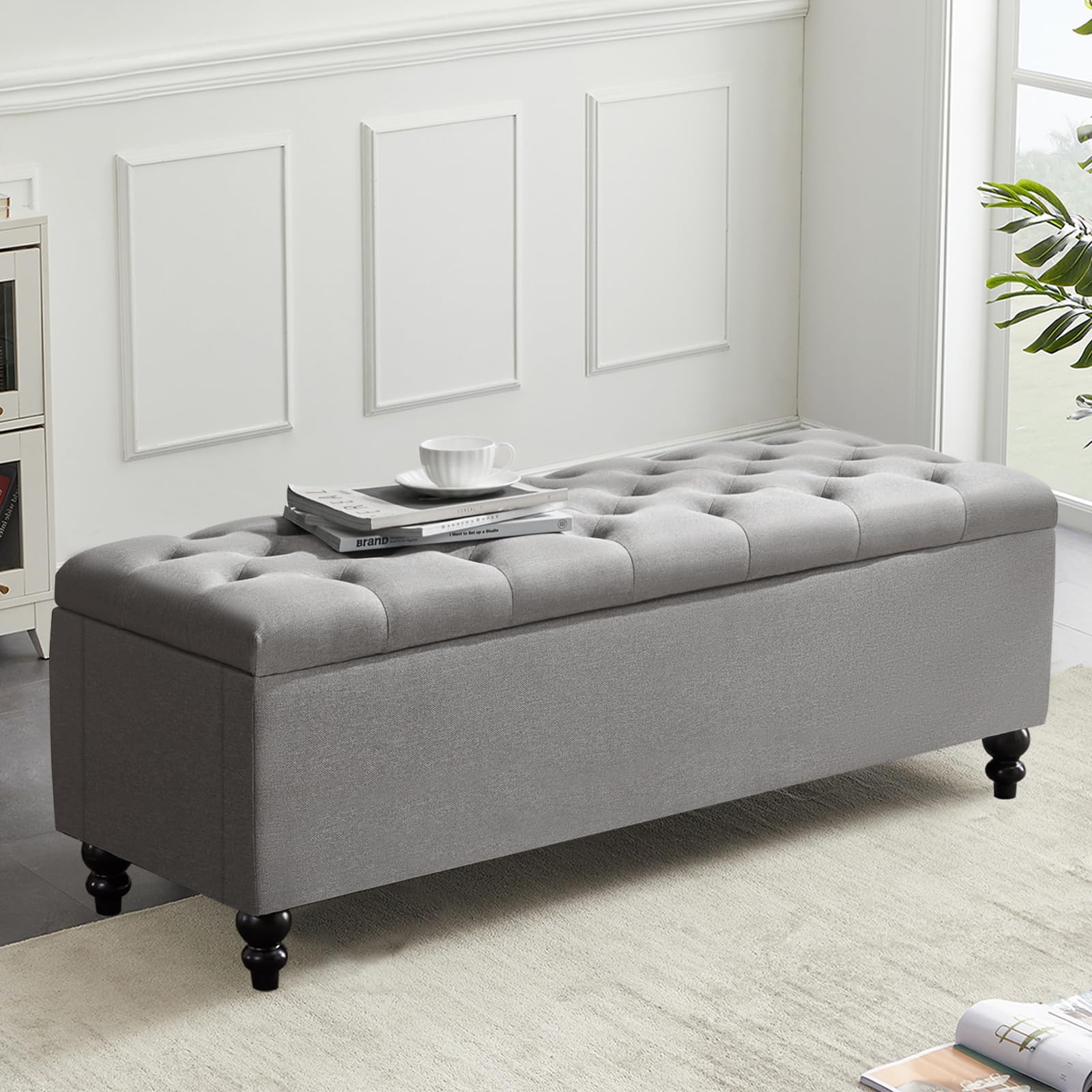 Ottoman with Storage,50.2-inch Upholstered End of Bed Storage Bench for Bedroom,for The Living Room,for Entryway, with Button and Safety Hinges,Detachable (Grey)