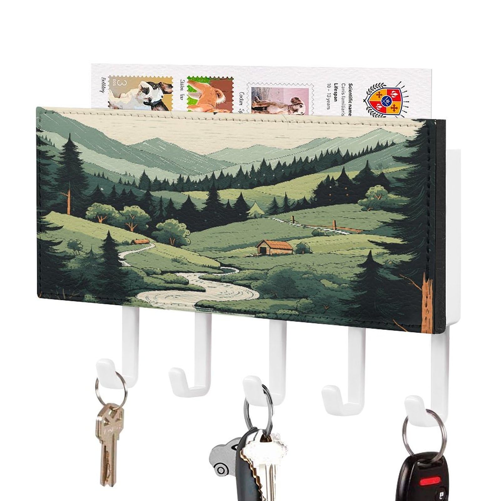 FekiLoot Outdoor Landscape Key Holder Wall Mount Key Hanger with 5 Hooks Decorative Key Rack Hanging Key Hooks with Mail Organizer Key Holder for Wall Living Room Kitchen Bathroom Hallway White