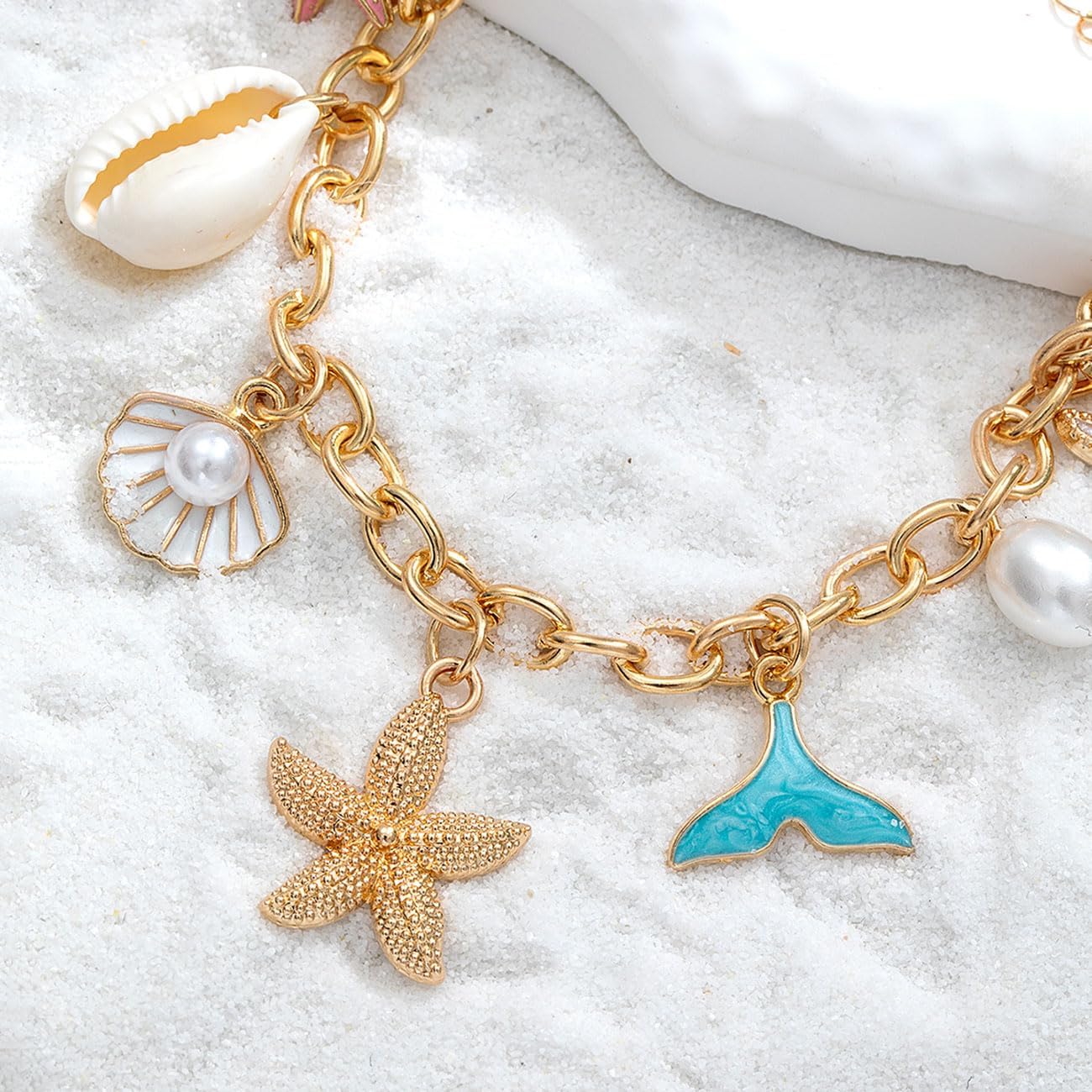 Gold Charm Bracelets for Women Pearl Seashell Starfish Mermaid tail Charm Bracelets Summer Beach Surfer Bracelet Jewelry - Image 5