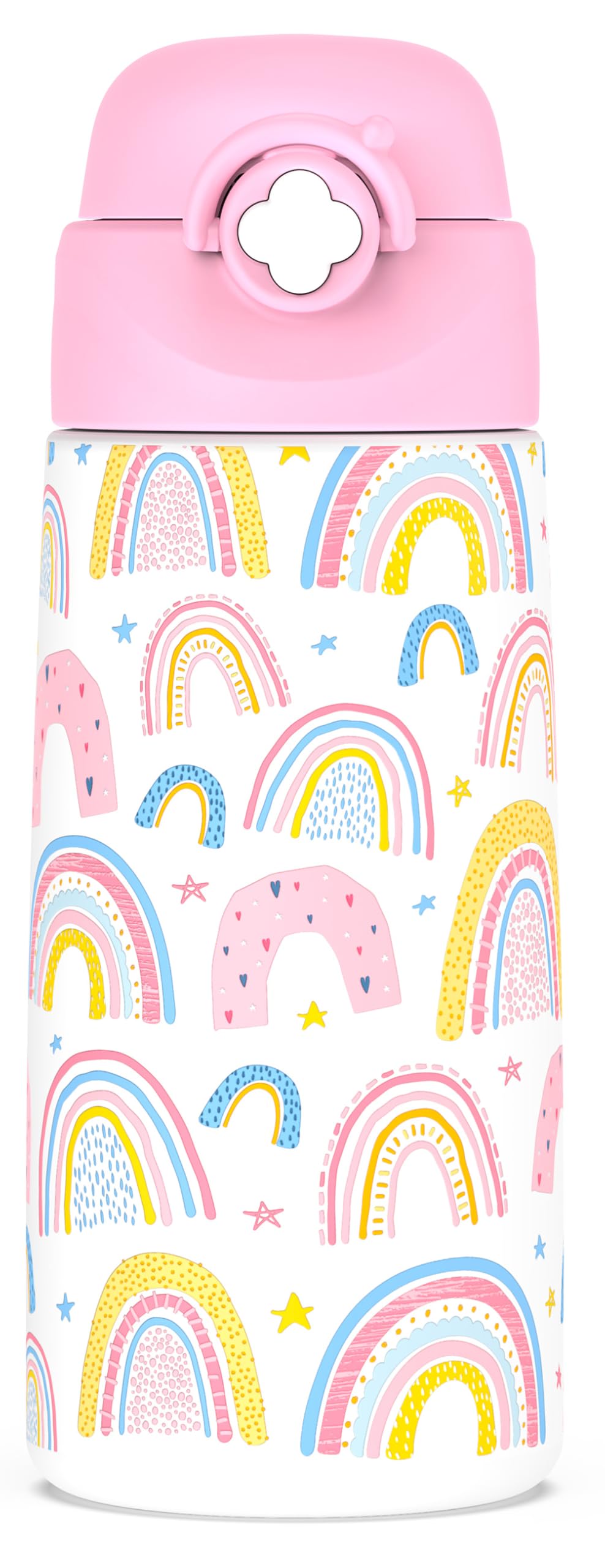 ntskood Girls Rinbow Pink Water Bottle for School,Kids 16 oz Insulated Stainless Steel Cup with Straw, Double-Wall Vacuum Leakproof