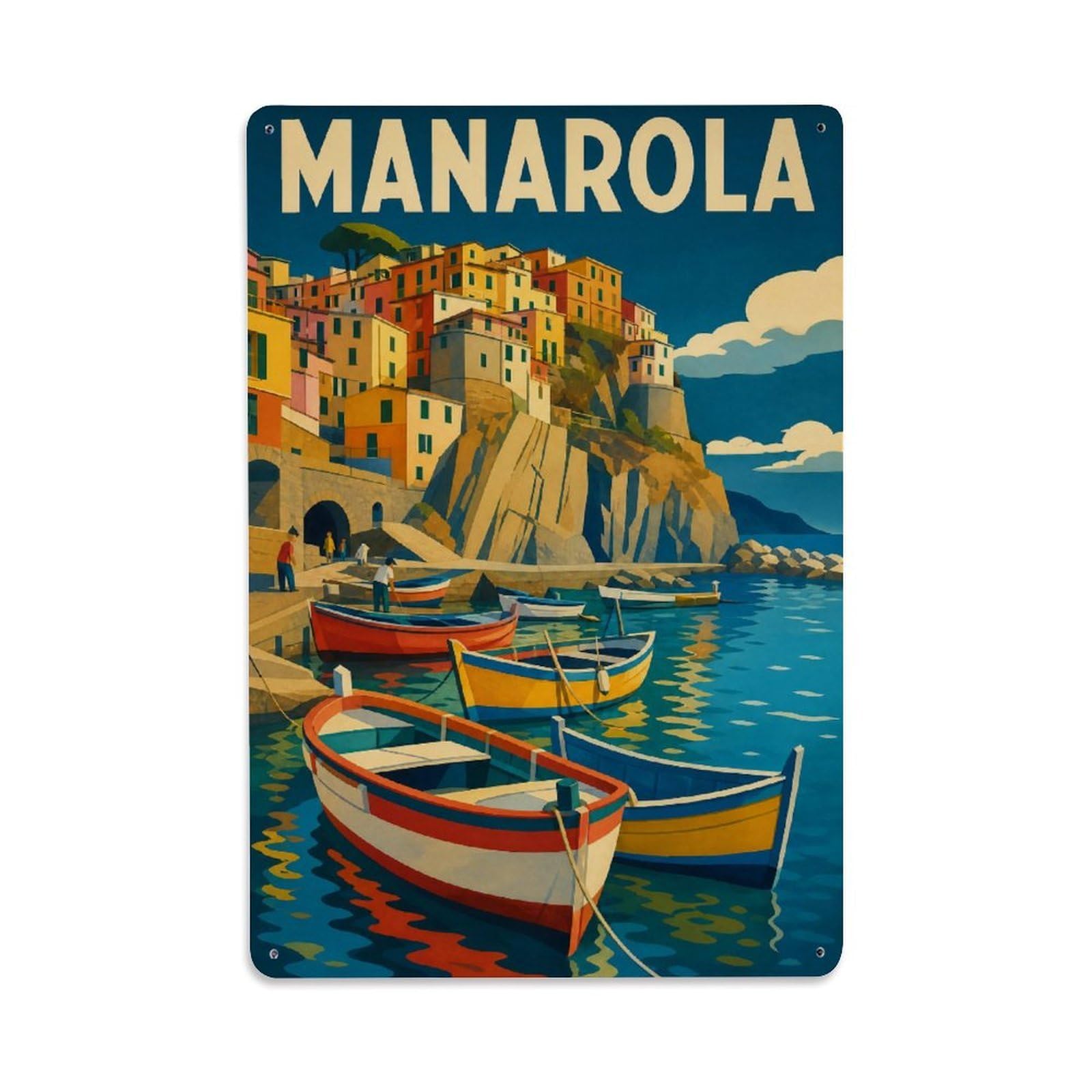 Huiyhb 8X12inch(20X30cm) Vintage Travel Manarola Harbor Fishing Boats Colorful Italy Metal Tin Sign