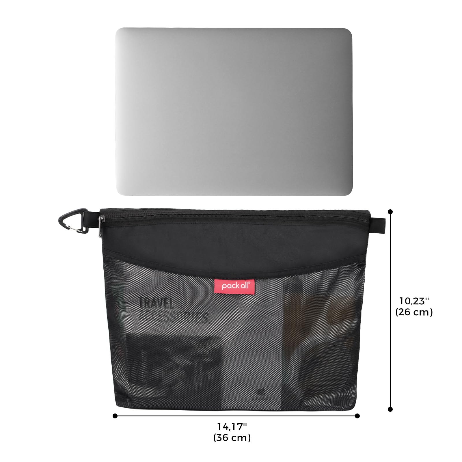 pack all Bolsa con Cremallera de Malla Resistente al Agua, 26 × 36 cm, L | Con Gancho, Malla TPU Semitransparente, Para Artículos de Viaje, Oficina y Uso Diario, Ideal para Maleta y Mochila, Negro