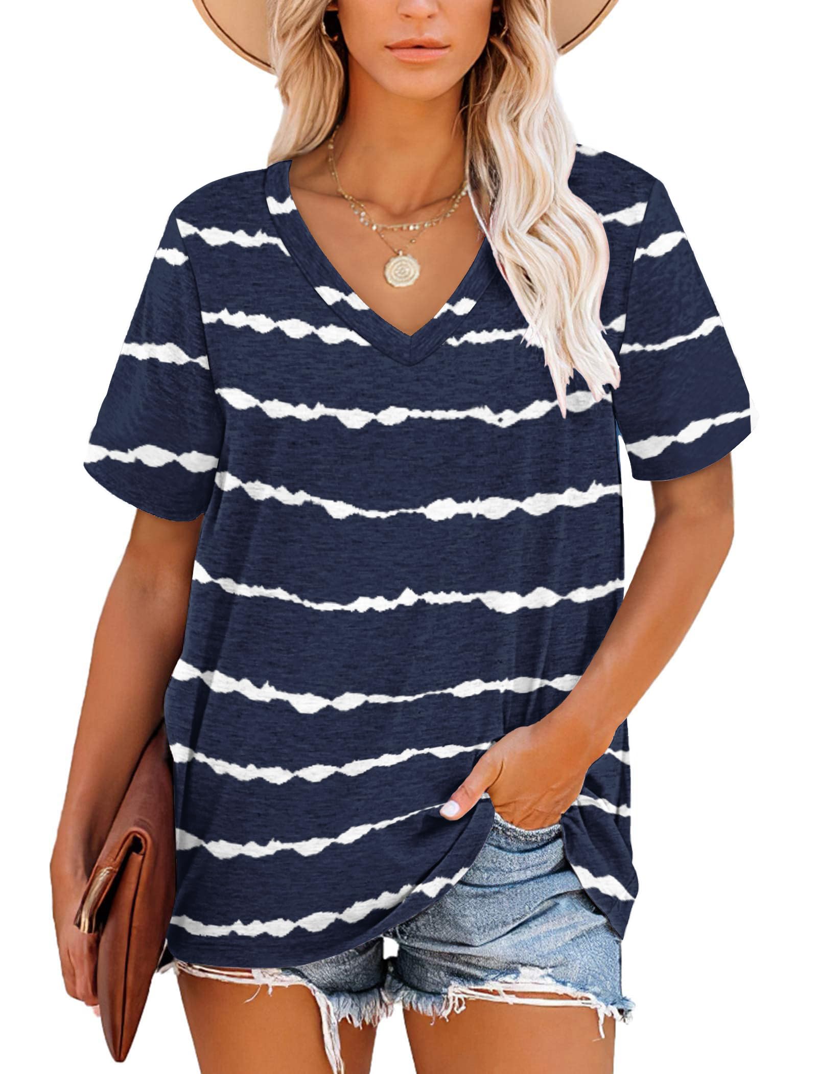 MOLERANI Women Tshirts Short Sleeve V Neck Striped Summer Tops Casual Loose Tee Navy Wavy Striped Size 6-8
