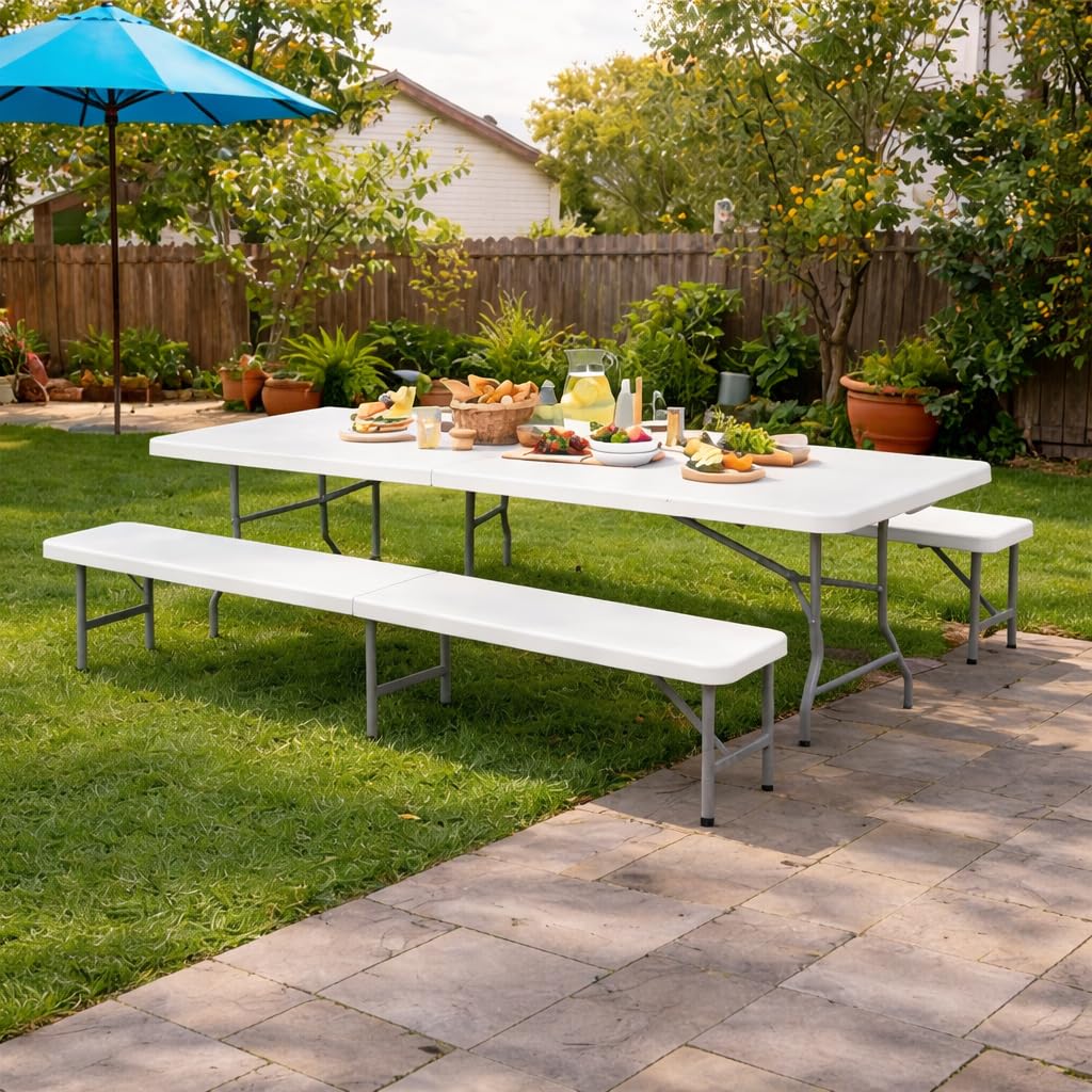 Panchina Pieghevole a Valigetta con Maniglia - Panca per Buffet, Giardino, Campeggio, Feste, Catering, Sagre, Bar, Mercato- Tavolo da Camping Salvaspazio Bianco 180x28x44h cm