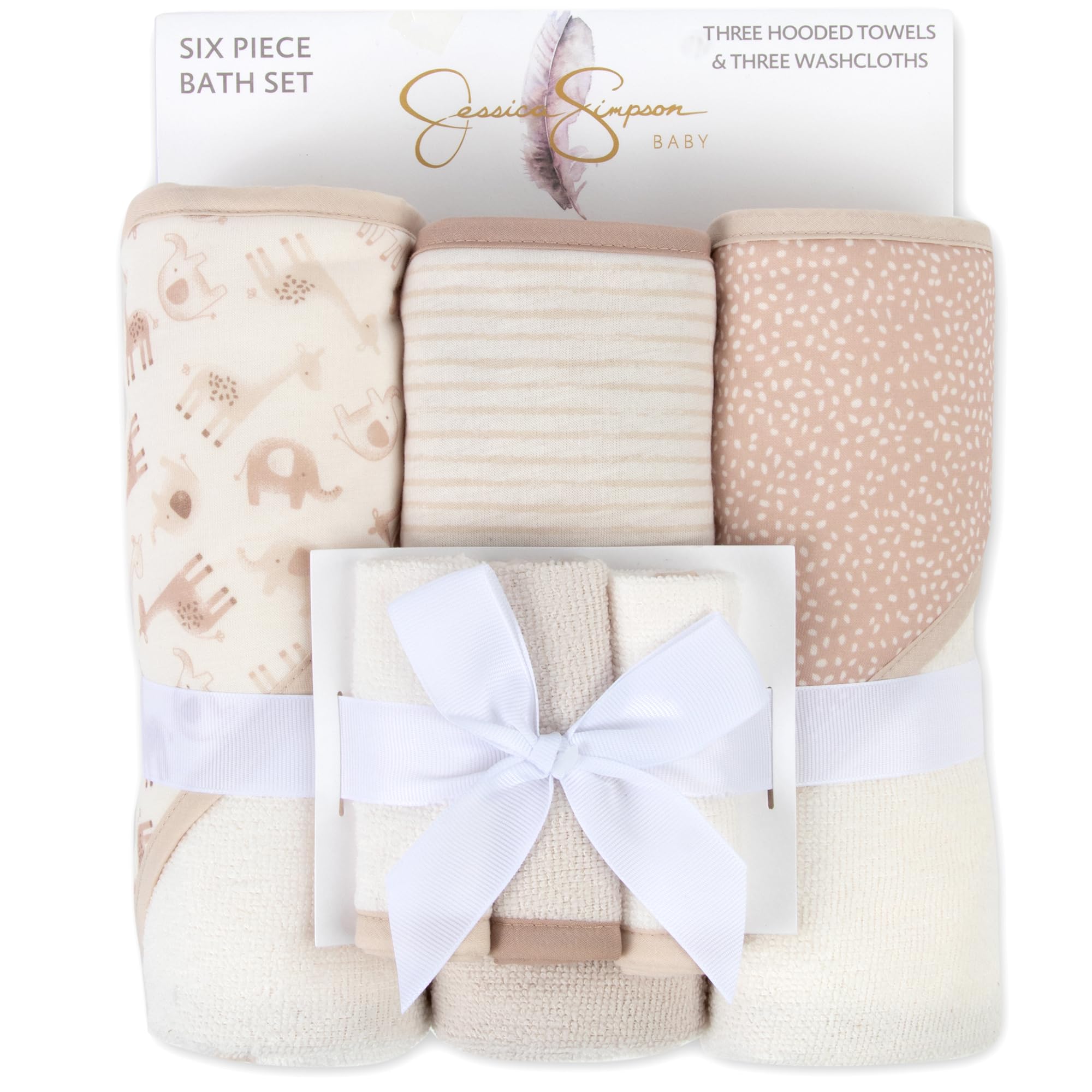 Jessica Simpson Lot de 6 serviettes de bain à capuche et débarbouillettes imprimées pour nourrissons, nouveau-nés et tout-petits de 3 à 24 mois pour le bain, les douches, le salon, la plage et la