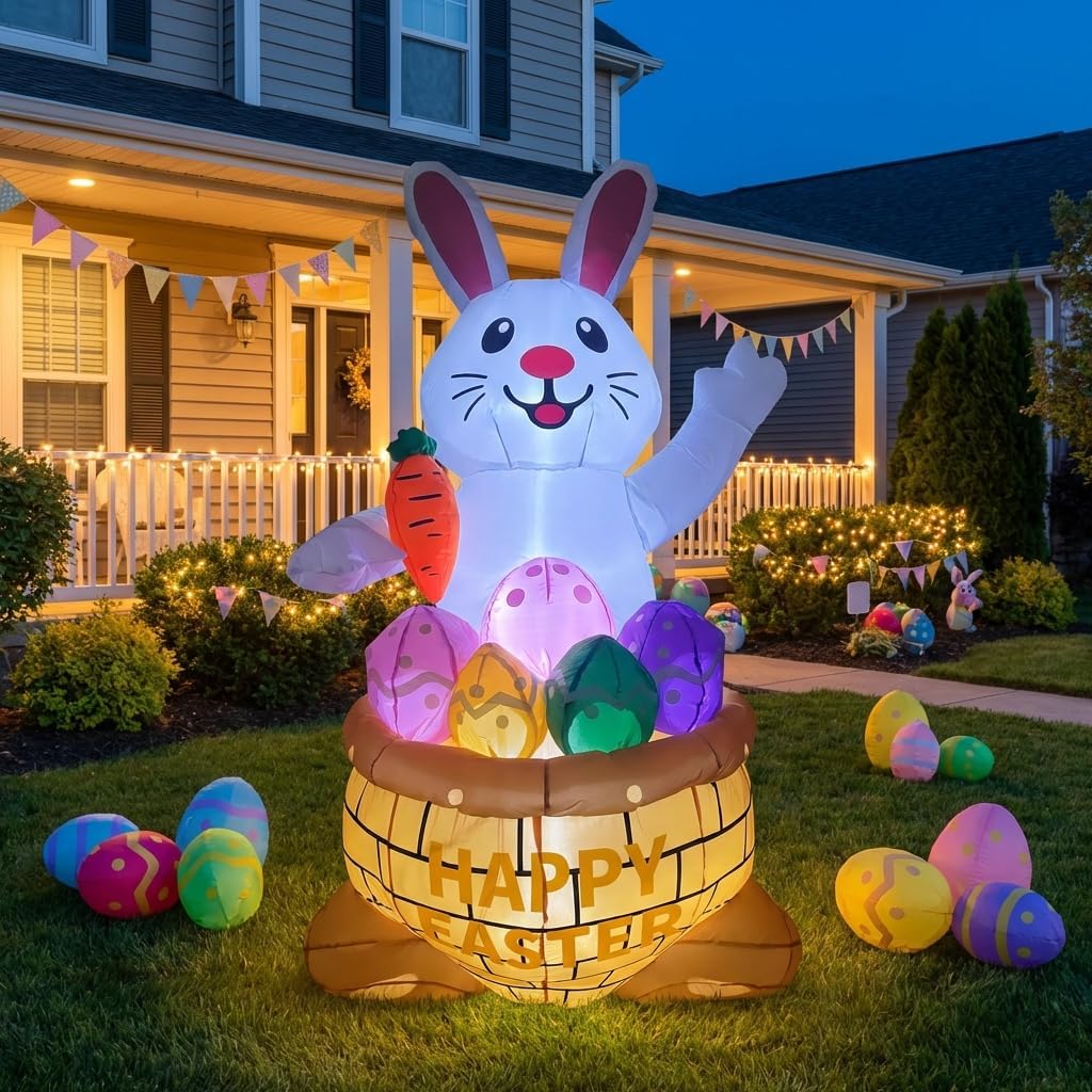 6FT Easter Inflatable Bunny Outdoor Yard Decoration with Built-in LED Lights, Blow Up Easter Decoration for Lawn Garden Patio Holiday Party