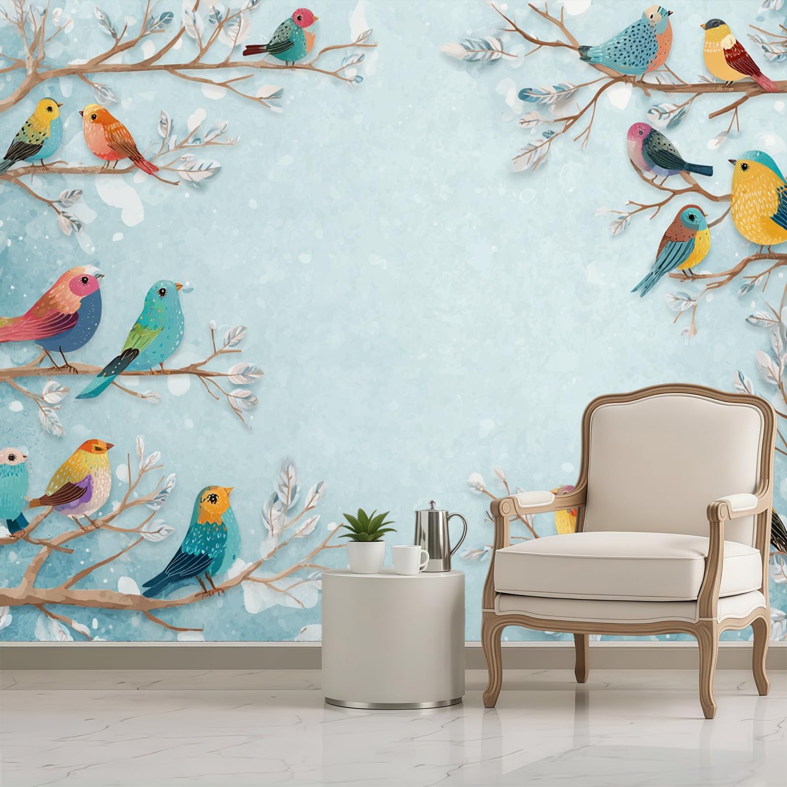 Papier Peint Oiseaux à l'aquarelle Intissé Bleu Décoration Murale Salon Chambre Tapisserie Murale 300 x 210 cm Moderne