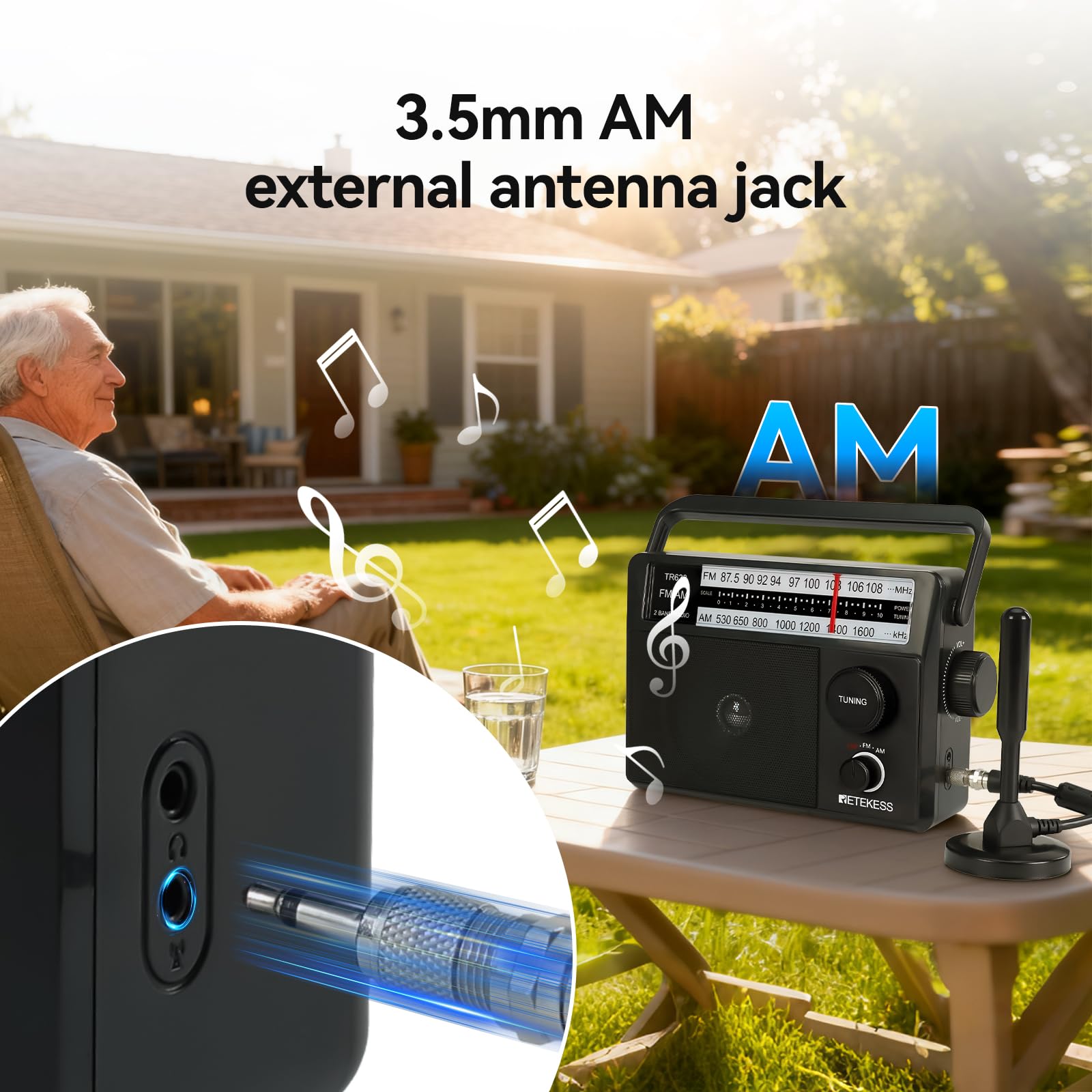 Retekess TR633 Radio Portable, Poste Radio, AM FM, Excellente Réception, Gros Boutons, Secteur ou Piles, Prise Casque 3,5 mm, Adapté aux Personnes âgées, Cuisine, Chambre
