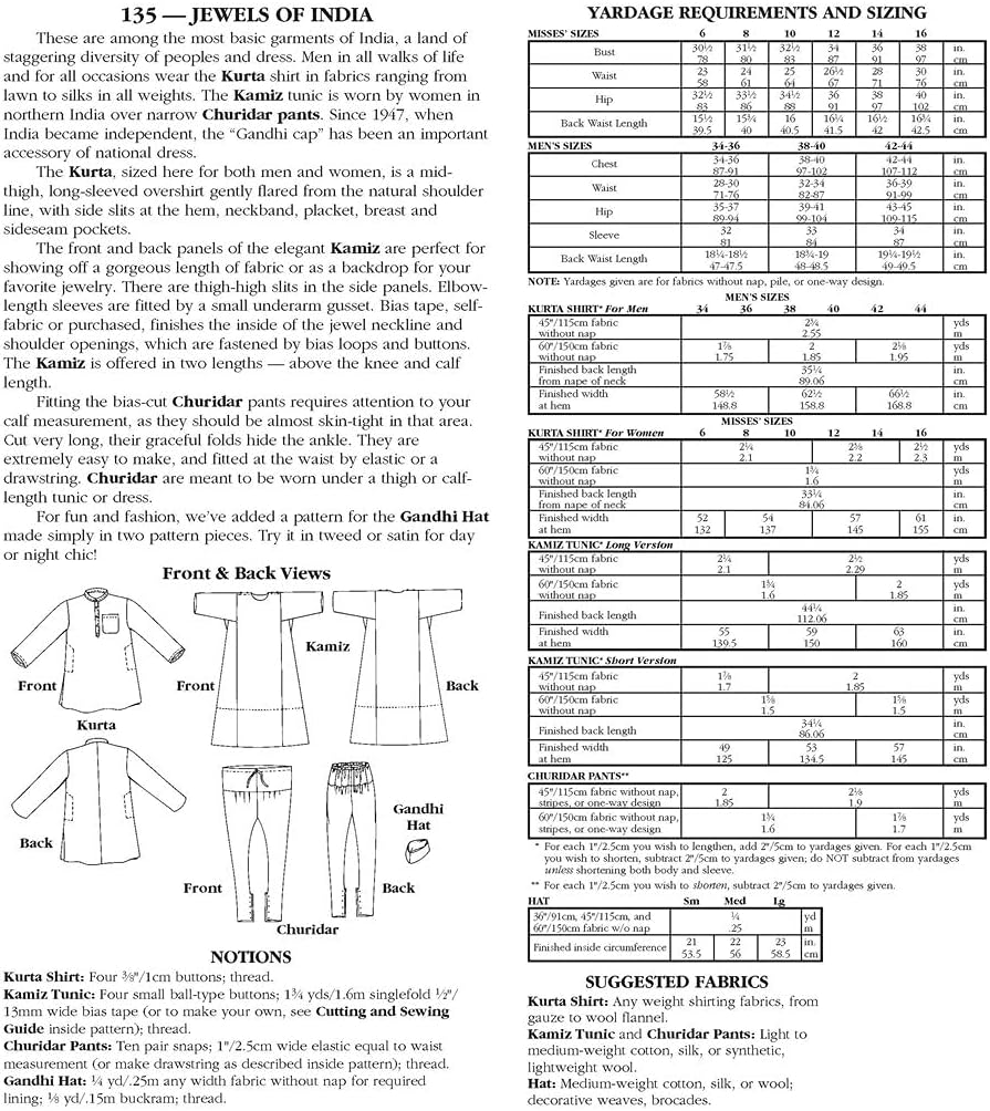Folkwear Jewels of India Kurta Shirt Kamiz Tunic Churidar Pants Gandhi Hat #135 Sewing Pattern (Pattern Only)