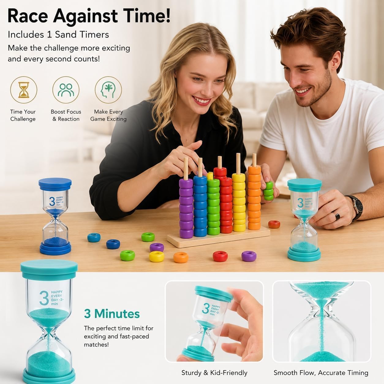 Gioco di puzzle impilabile con timer di sabbia da 3 minuti, puzzle in legno con carte sfida per 2 giocatori, rompicapo coordinato con motivo frenetico per serate di gioco in famiglia (confezione da 2)