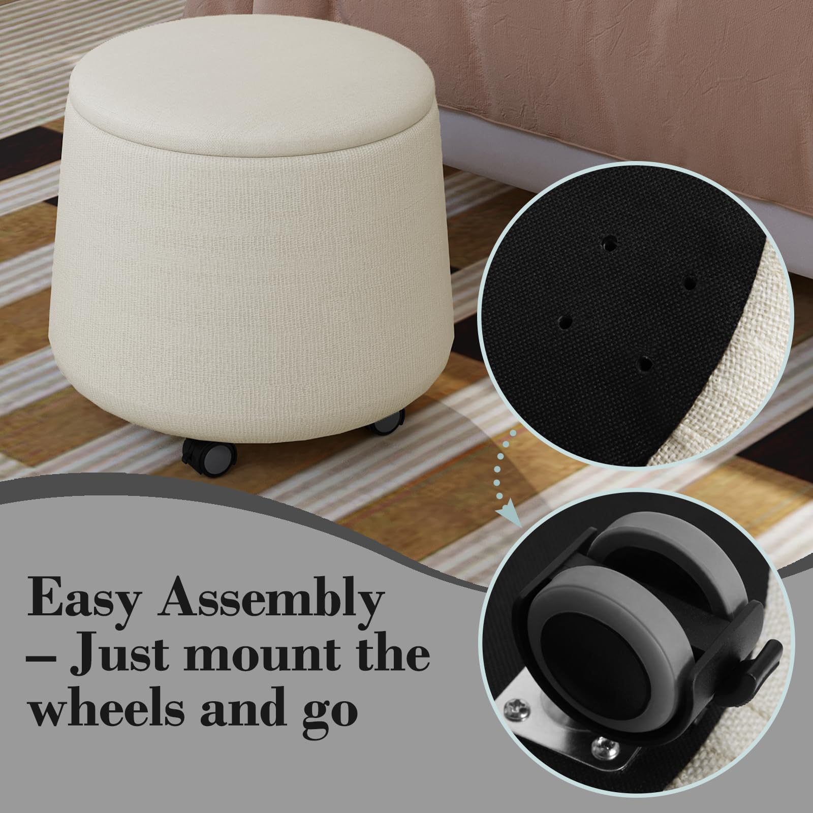 WOLTU Tabouret Rangement à roulettes, Repose Pied Salon, Pouf Rond Chambre, Coffre de Rangement Mobile avec Couvercle Amovible, Siège Rembourré, en Lin, Crème, SH91cm