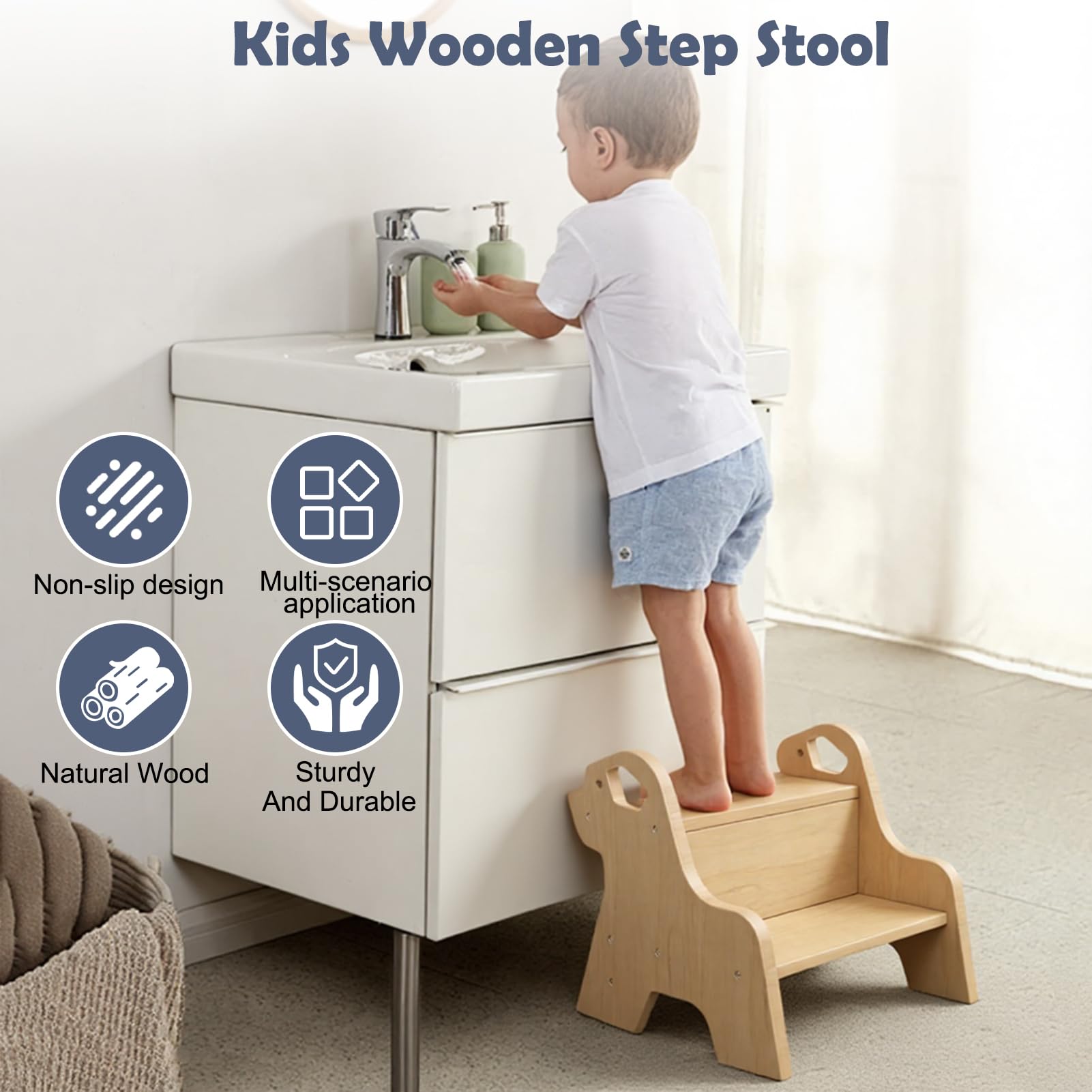 Tritthocker für Kinder - 2-Stufig Hocker Kinderschemel (Holzfarben) | Antirutschmatte und Griff, Multifunktional Tritthocker Holz für Badezimmer, Küche, Kinderzimmer, Kinder, Erwachsene, Senioren