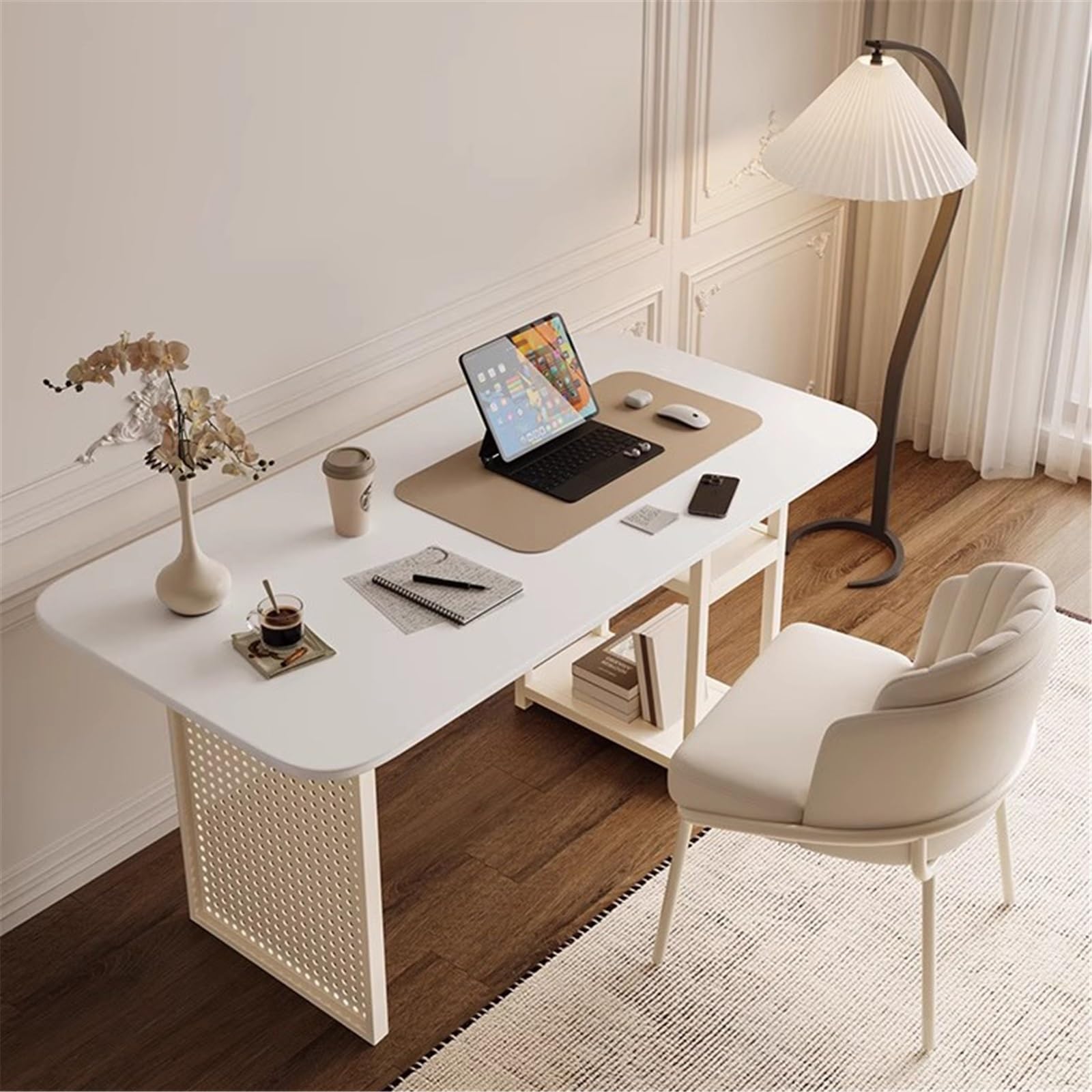 Acrittura Tavolo bianco for l'home office con ripiani portaoggetti a 2 livelli(M)