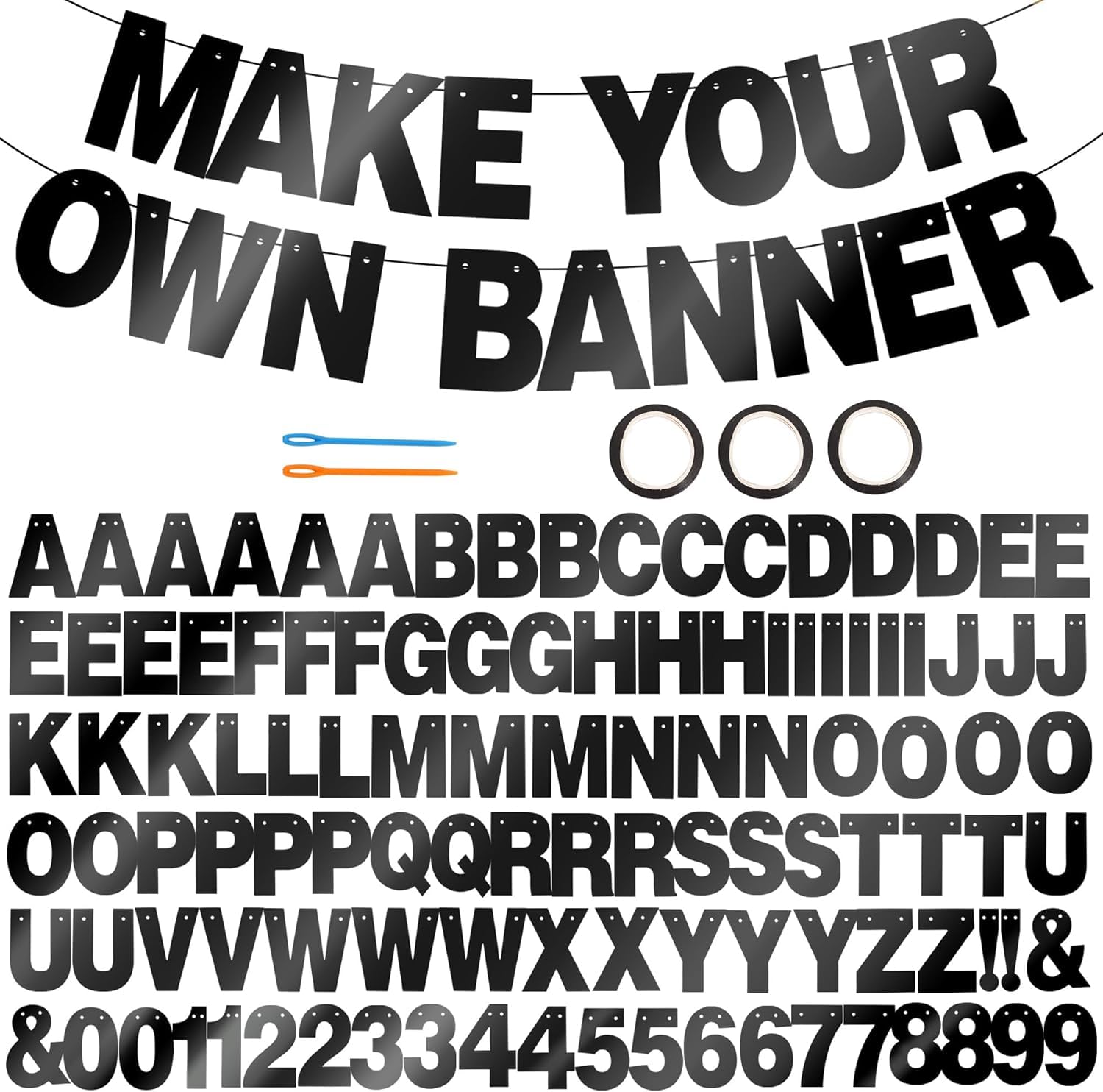 DecoGlee 116 PCS A-Z Glitter DIY Letter Banner Kit Make Your Own Banner，Including 111 Letters and Numbers 3 Rope and 2 Threading Device,Customized for Birthday Graduation Wedding Double-sided Black