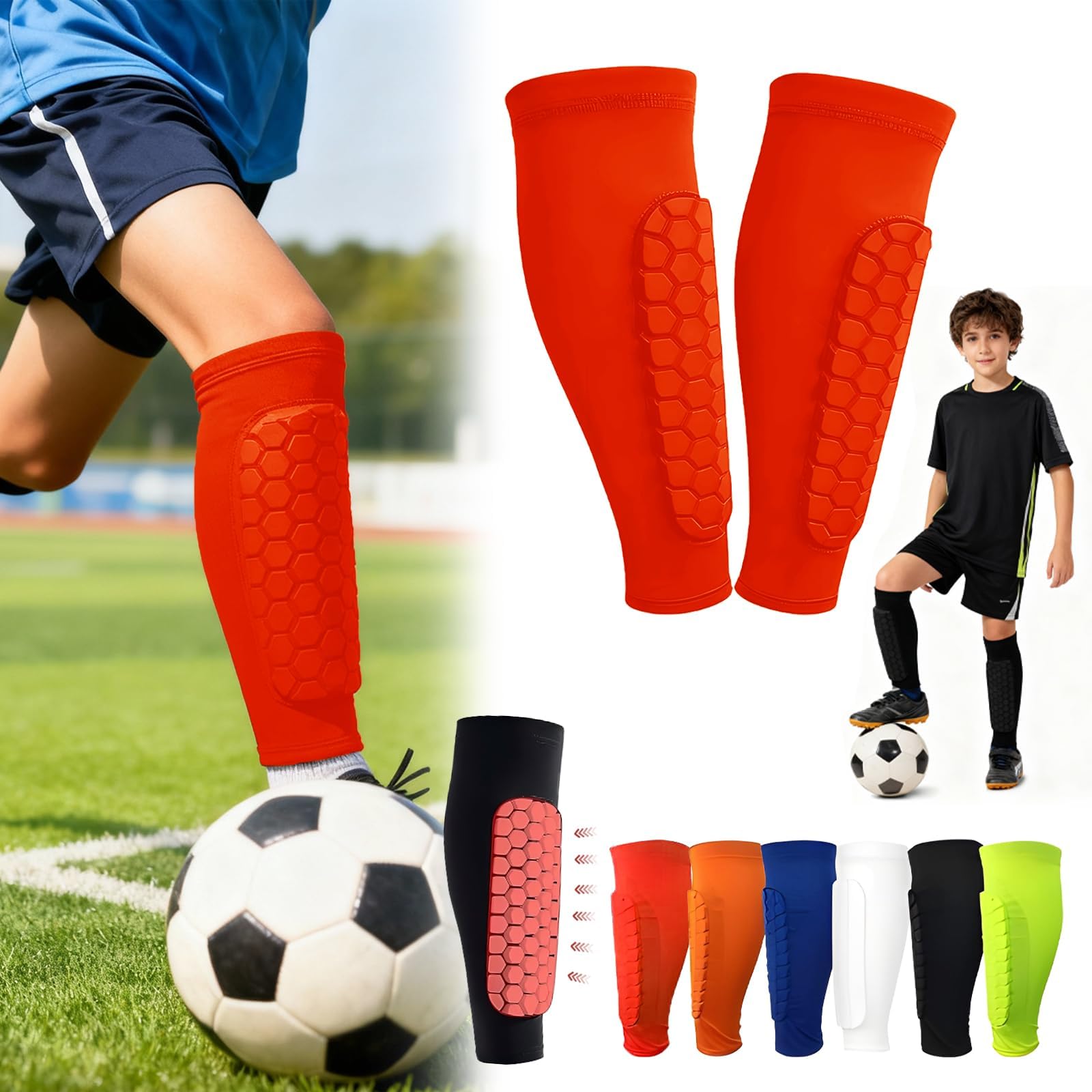 Football Shin Pads Guards for Boys Girls, Shin Guards for Defender Honeycomb Compression Sleeve for Superior Impact Absorption, Elastic Breathable Knit, Lightweight Comfortable Fit Soccer (Red, L)