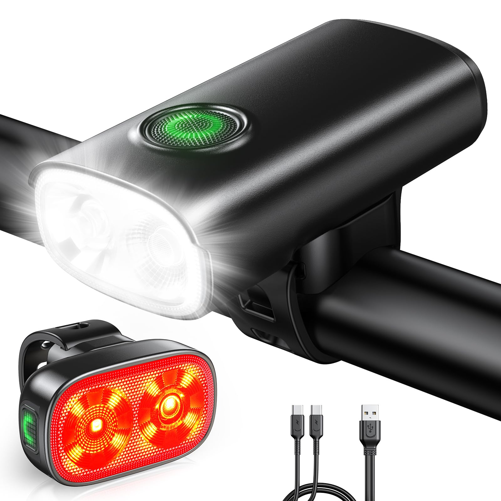 WOCBUY 1200LM Bike Lights for Night Riding, Spot+Flood Beam, 5+6 Modes | Bicycle Lights Front and Rear, Easy Install, IP65 Waterproof USB-C Rechargeable Ebike Scooter Light for Road Cycling