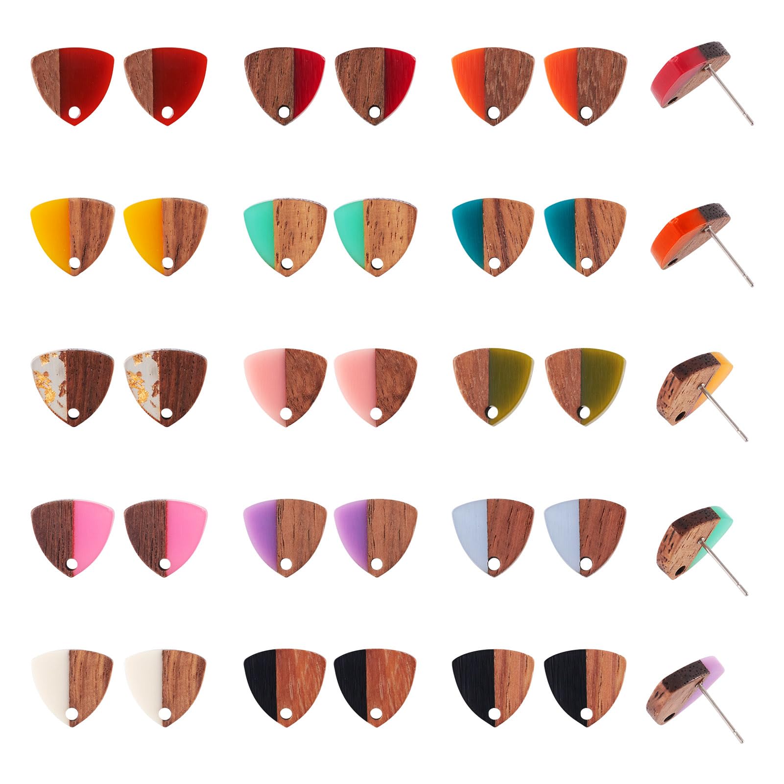Craftdady Resin Walnut Wood Stud Earring Charms 20 Pairs Mixed Color Triangle Resin Wood Earring Post Ear Stud with Stainless Steel Pin 13x14mm for