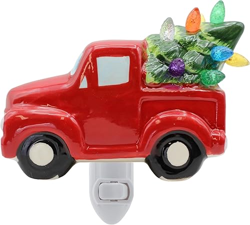 Creative Hobbies Árbol de Navidad en camión luz nocturna Plug in Ceramic Vintage Night Light con bombilla LED