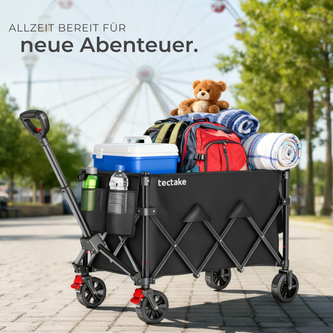 tectake® Bollerwagen faltbar, Transportwagen klappbar, Transporter mit Teleskopgriff und Rückholmechanismus, Profil Kunststoffräder mit Bremse, mit Plane und Einlegebogen, Belastbarkeit 80 kg - 120 L
