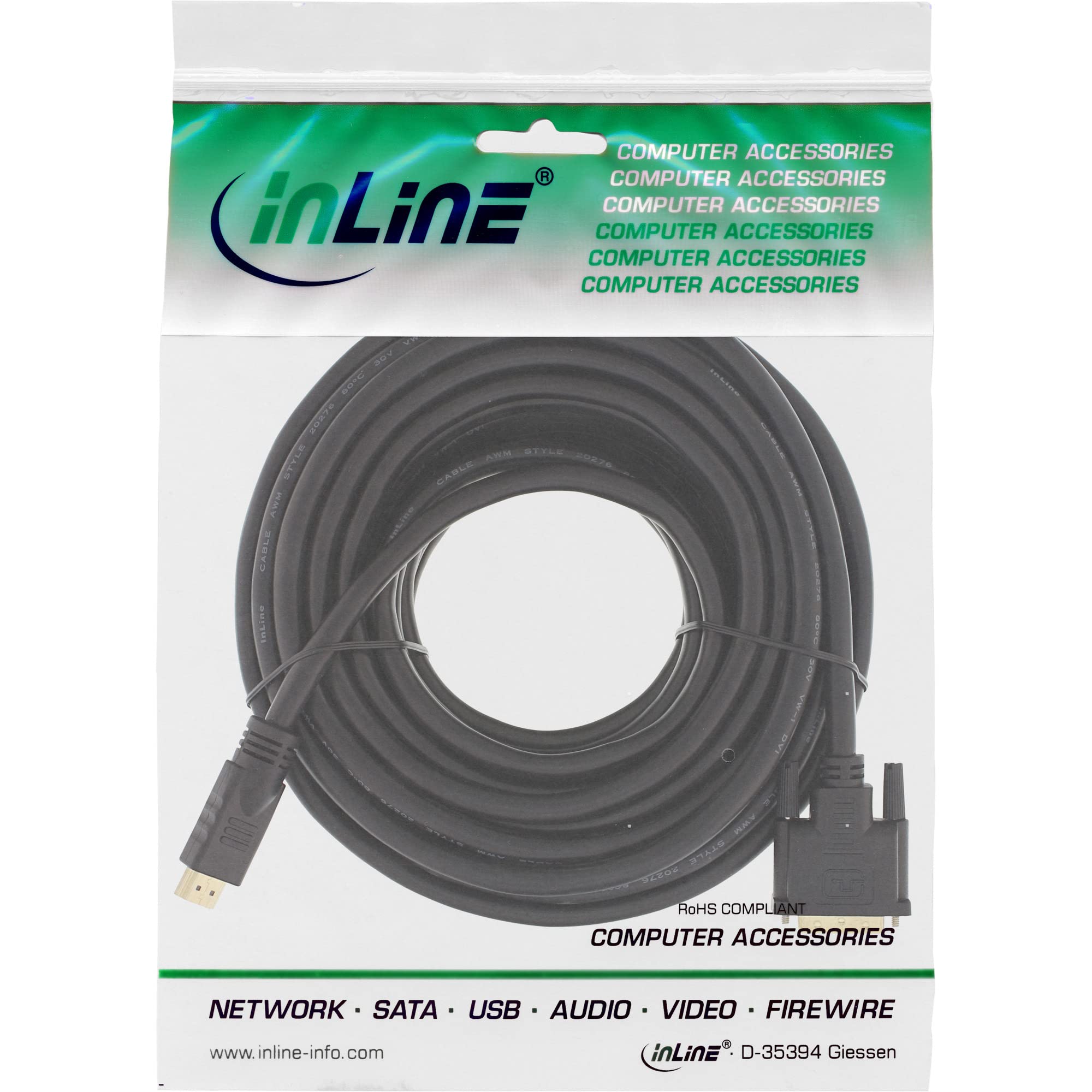 InLine 17668P HDMI-DVI kabel, pozłacane styki, wtyczka HDMI na DVI 18+1 wtyczka, 15 m