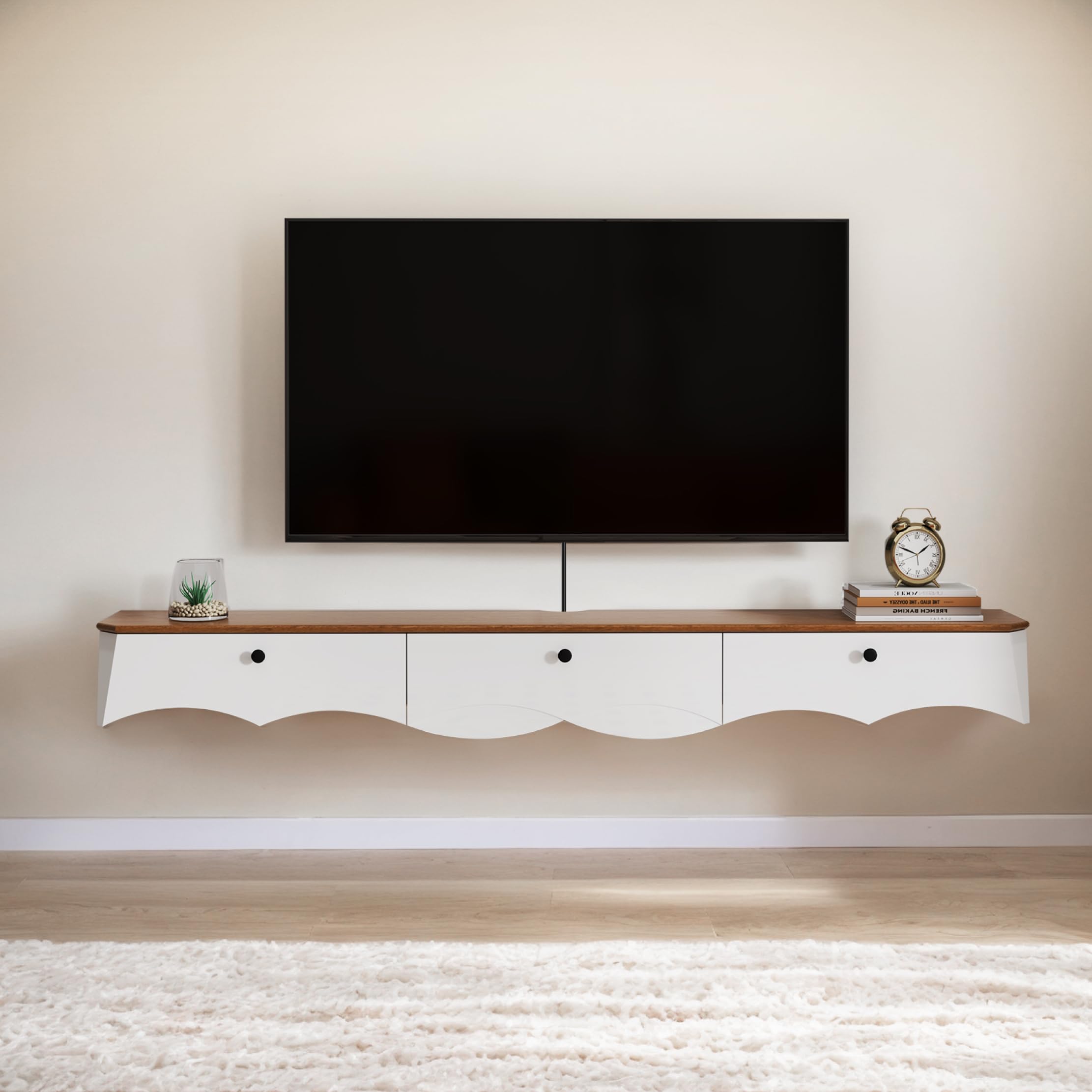 Soporte de TV flotante de alto grosor con 3 cajones, estante de TV montado en la pared de 70 pulgadas, consola de TV flotante, armarios de TV flotantes con cajones, estante debajo de la TV 2