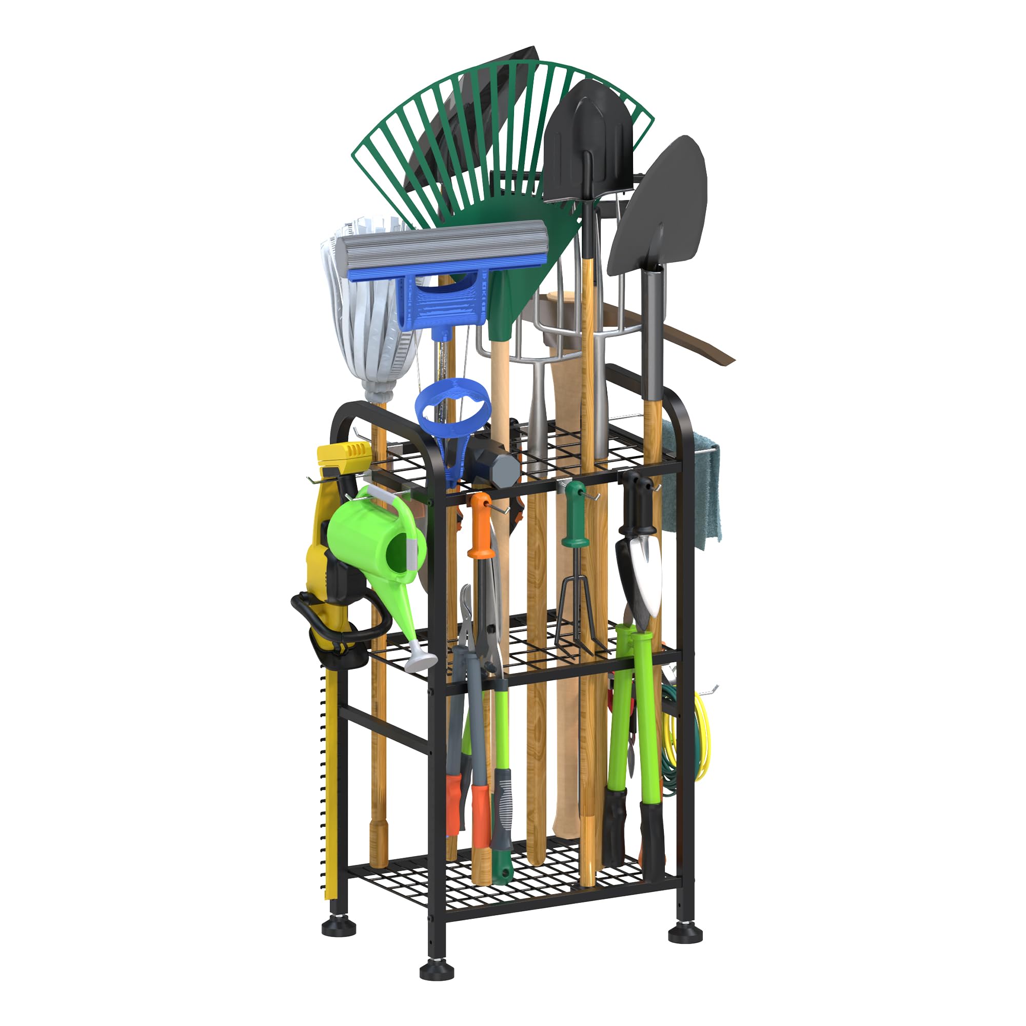 UNITEDPOWER Garden Tool Organizer, Tool Storage Rack with Shelves and 10 Hooks, Yard Tool Holder for Garage, Shed, Home, Outdoor, Up to 35 Long-Handled Tools, 3-Tier