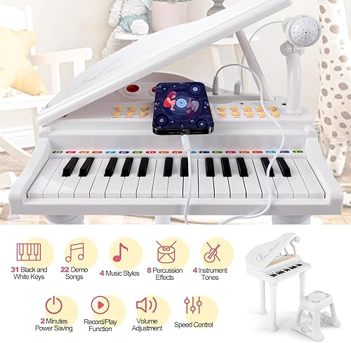 Miniatura 4 de HONEY JOY Piano clásico para niños, mini piano de cola de juguete de 31 teclas con soporte de música y taburete, juguete electrónico portátil de