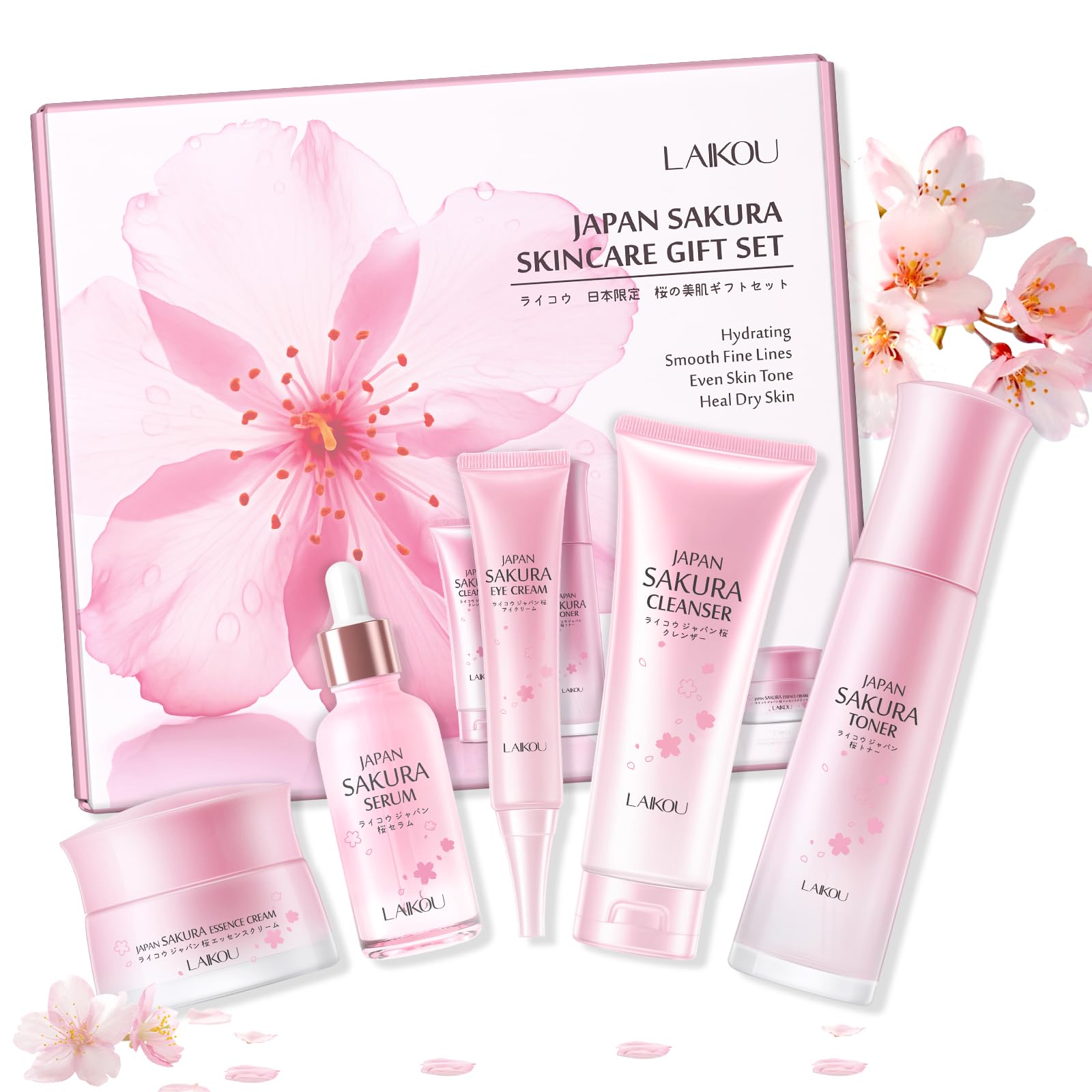 LAIKOU Kit Sakura Facial, 5 Piezas Sakura Skincare Kit, Pack