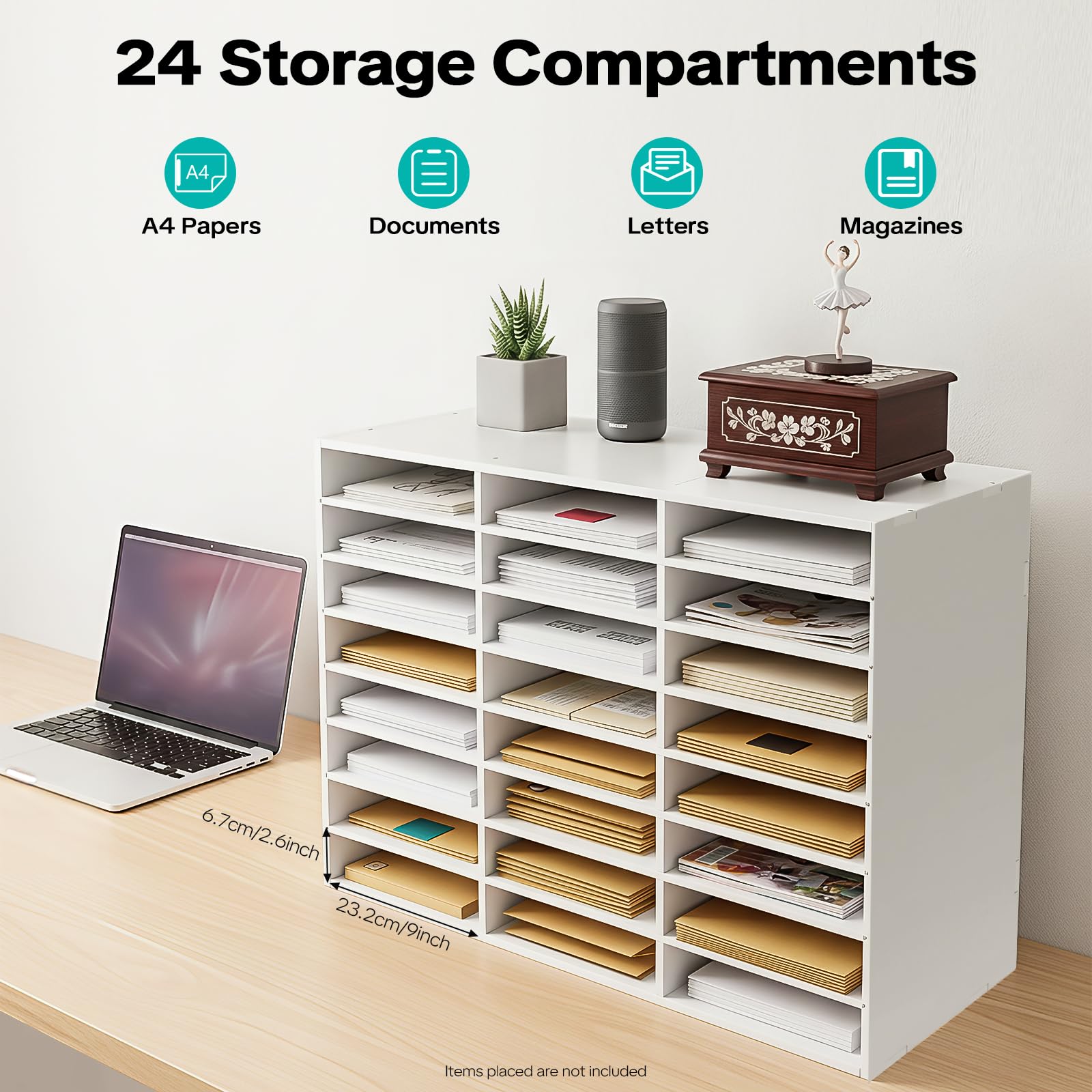 Organizzatore Documenti da Tavolo 24 Scomparti, Portadocumenti Ufficio Scrivania in MDF per Formato A4, Porta Riviste, per Documenti, Poste, 73,7 x 30,2 x 59,6 cm, Bianco