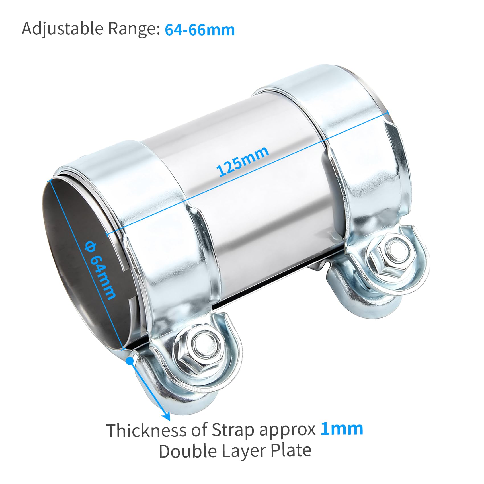 DOCAS 2 pezzi Ø 64 mm x 125 mm lunghezza Morsetto per tubo di scarico, morsetti di scarico con doppio morsetto inossidabile universale per auto (stile 2)