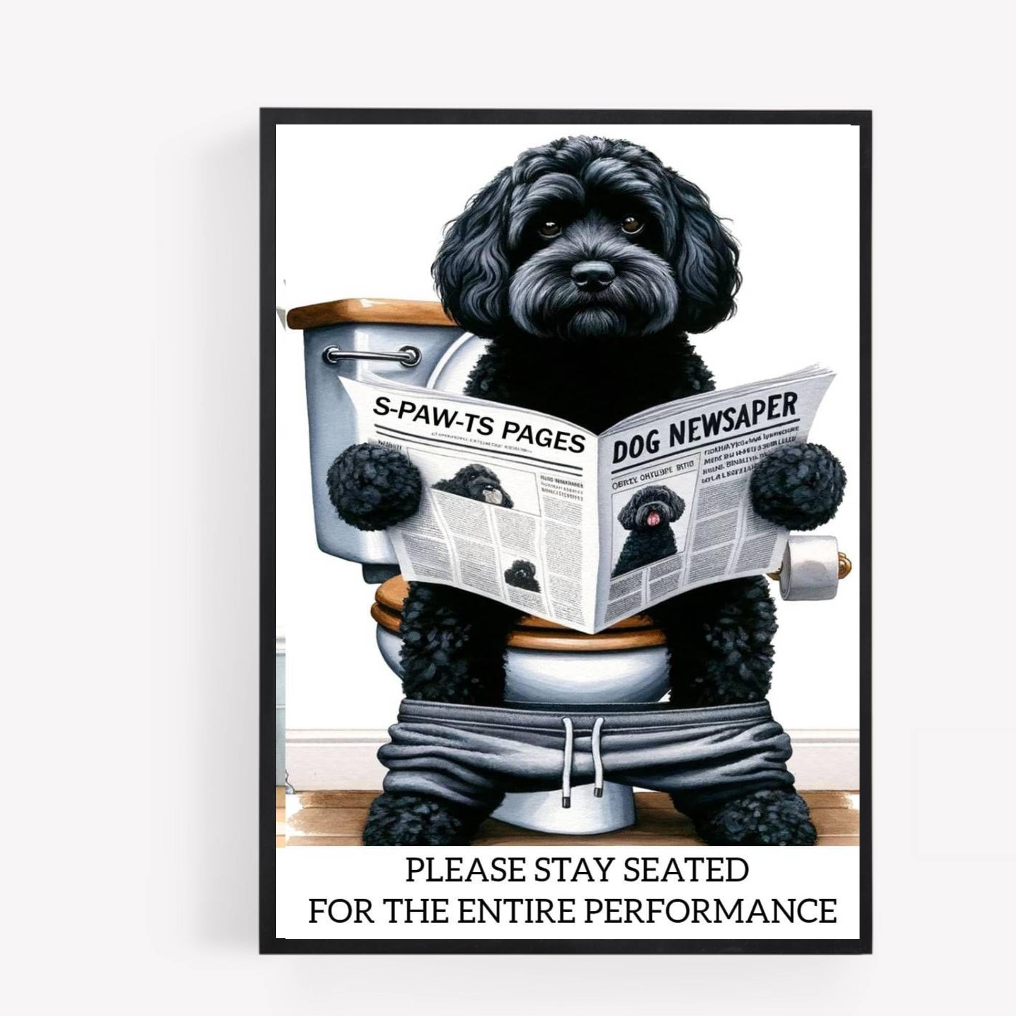 Gfc Black White Funny Bathroom Toilet Animal Print Picture Poster Cockapoo Cavapoo Dog On A Toilet Reading Newspaper A4 Unframed Wall Art Home Decor Decorating Be Sated For The Entire Performance Black