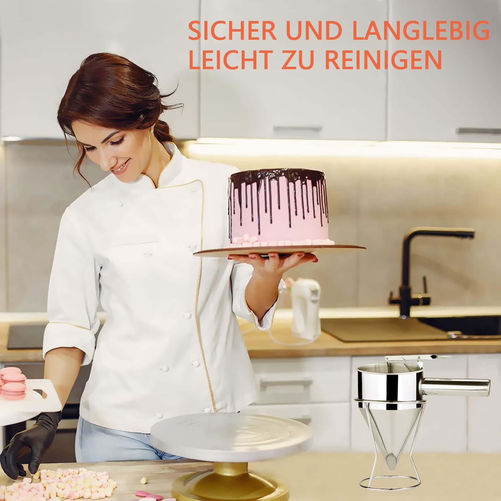 Produktbild von 1800 Ml Edelstahl-Teigspender Mit Federbelastetem Ventil – 3 Düsengrößen (3/4/5 Mm) Für Pfannkuchen, Cupcakes & Backteig – Sauber & Präzise
