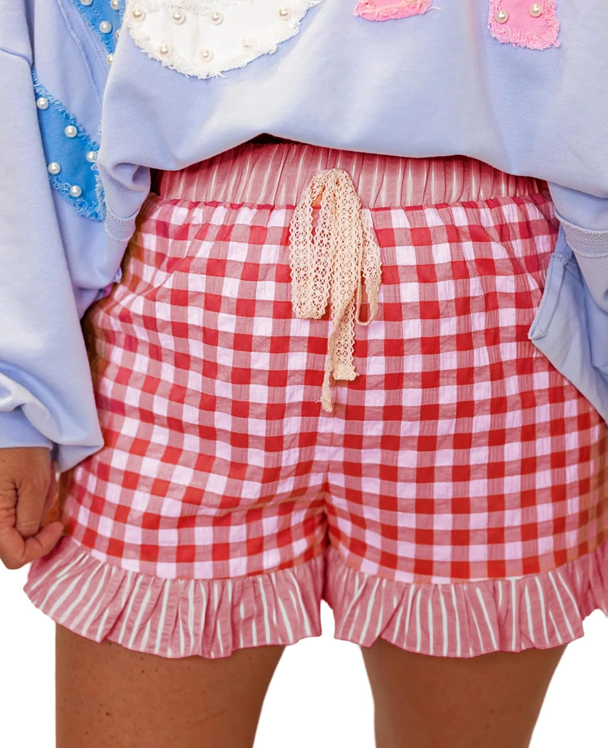 Women's Ruffled Shorts Plaid Print High Waist Lace Drawstring Lounge Shorts Gingham Y2K Beach Trendy Bottoms