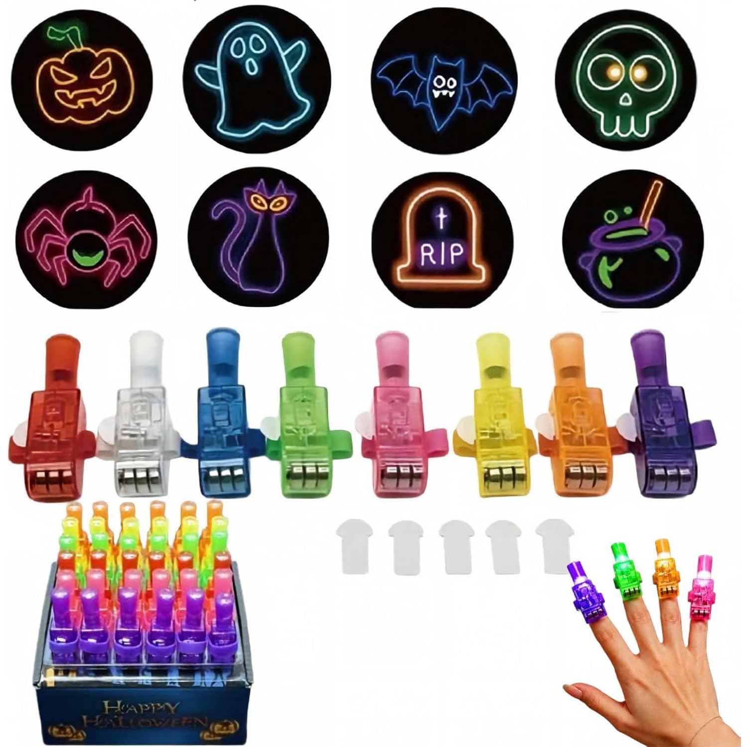 24 PCS Mini Colorful LED Finger Lights, Halloween Finger Projectors Lights, Mini Spooky Pattern Projector for Kids, LED Light Up Fingerlampe with Elastic Band & Slide Switch for Halloween Party，C
