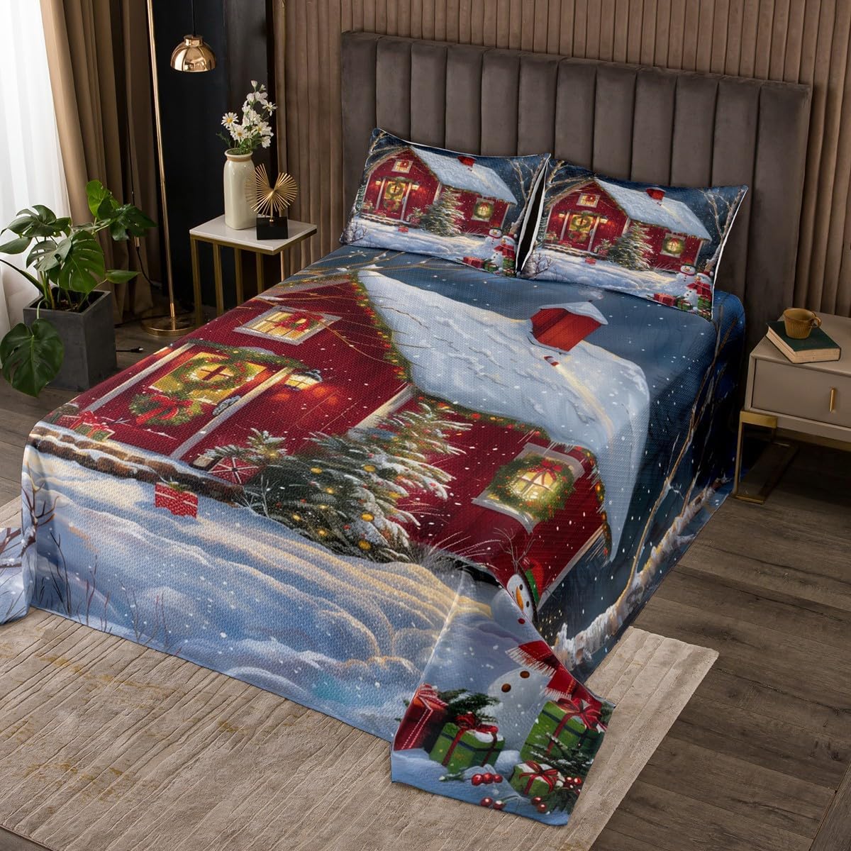 Erosebridal Christmas Tree Quilt Set Twin Size Winter Themed Bedspread for Boys Girls Kids Happy New Year Coverlet Set Christmas Decorations Bed Set Merry Christmas Bedding 2 Pcs