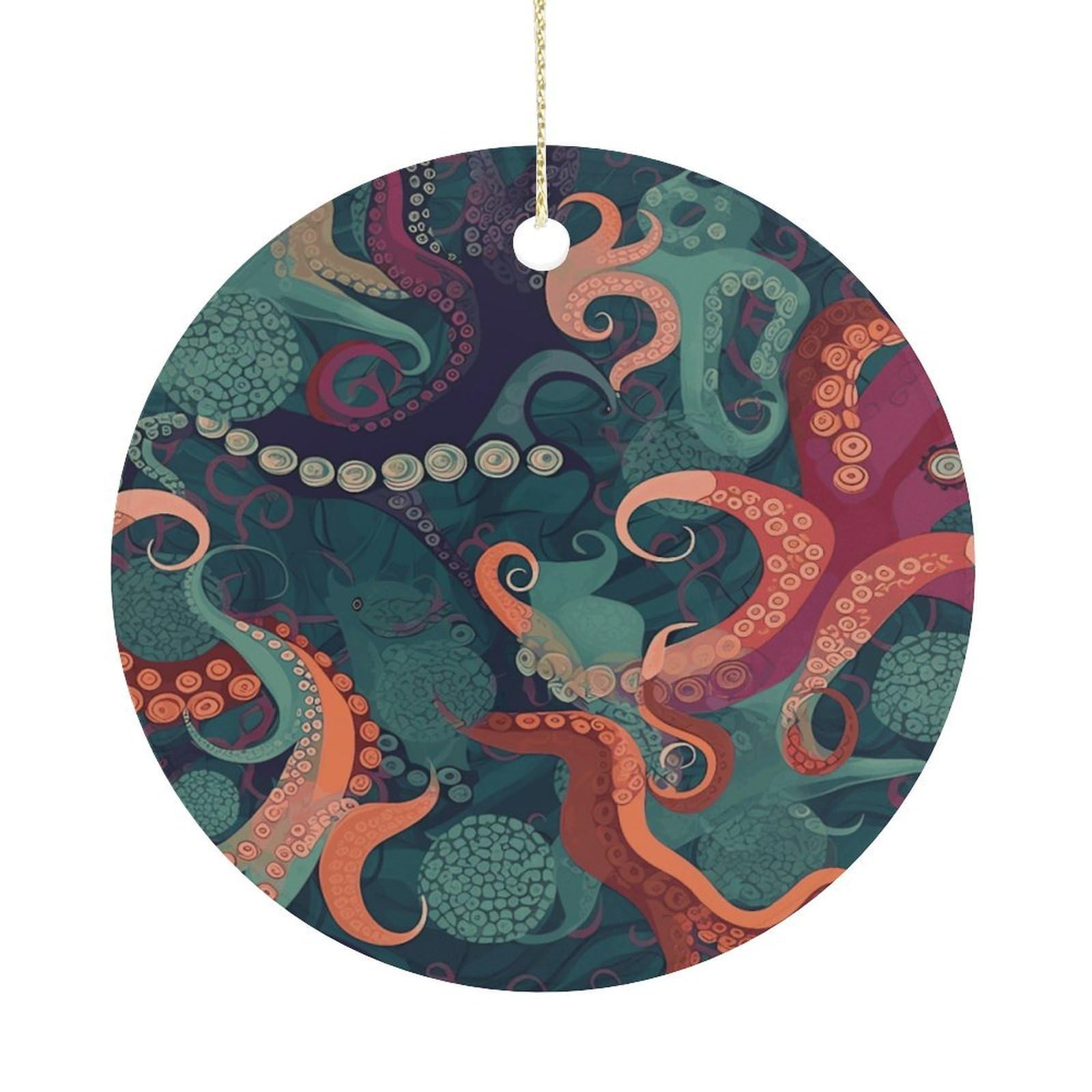 Abstract Octopus Christmas Ornament,Round Ceramic Ornaments Personalized Christmas Tree Ornament for Holiday Porcelain Keepsake Gifts Ideas Home Decor