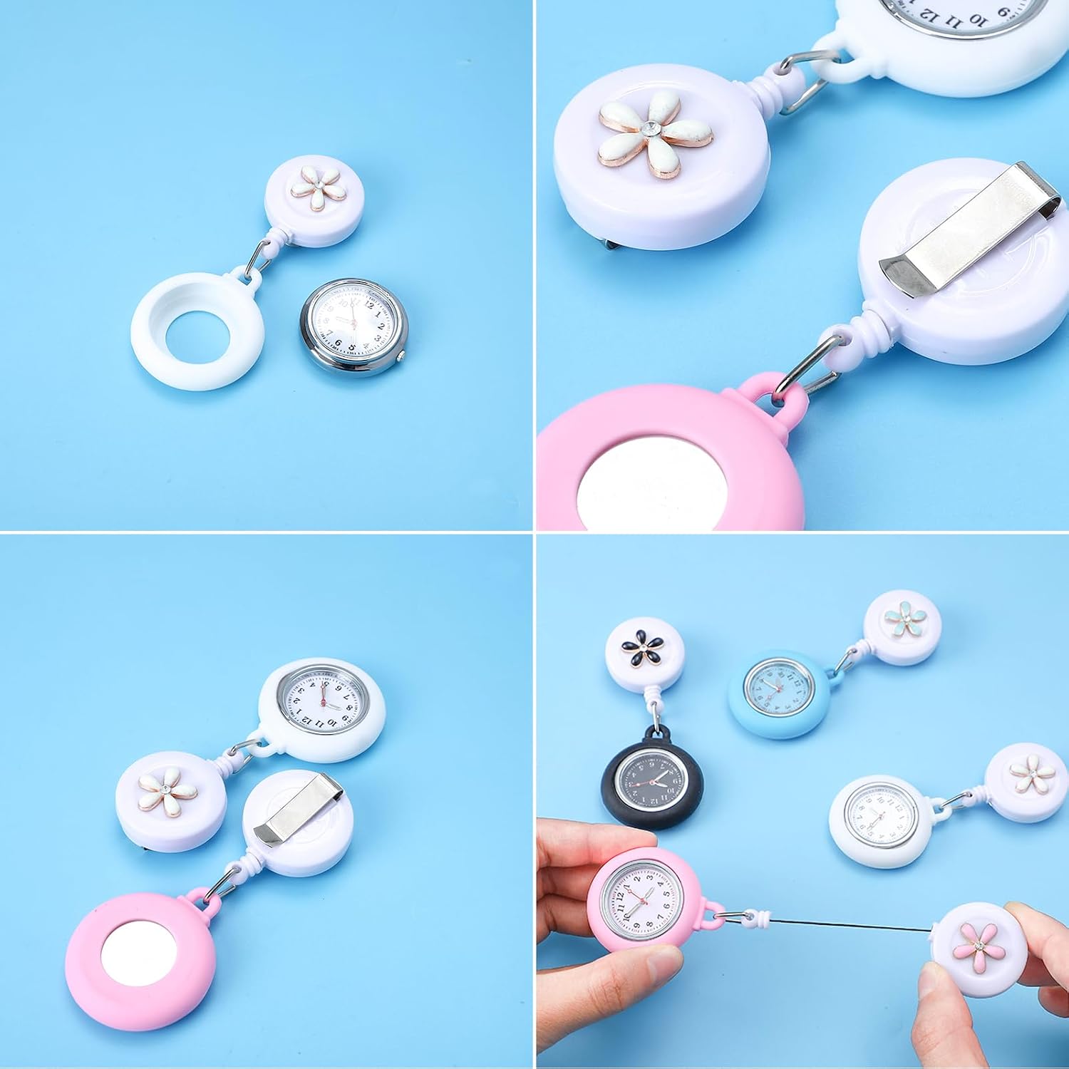 NEWITIN 4 Pieces Retractable Nurse Watch for Nurses Doctors Clip on Hanging Lapel Watch Fob Watches with Second Hand Silicone Cover Pocket Watches Badge Reel