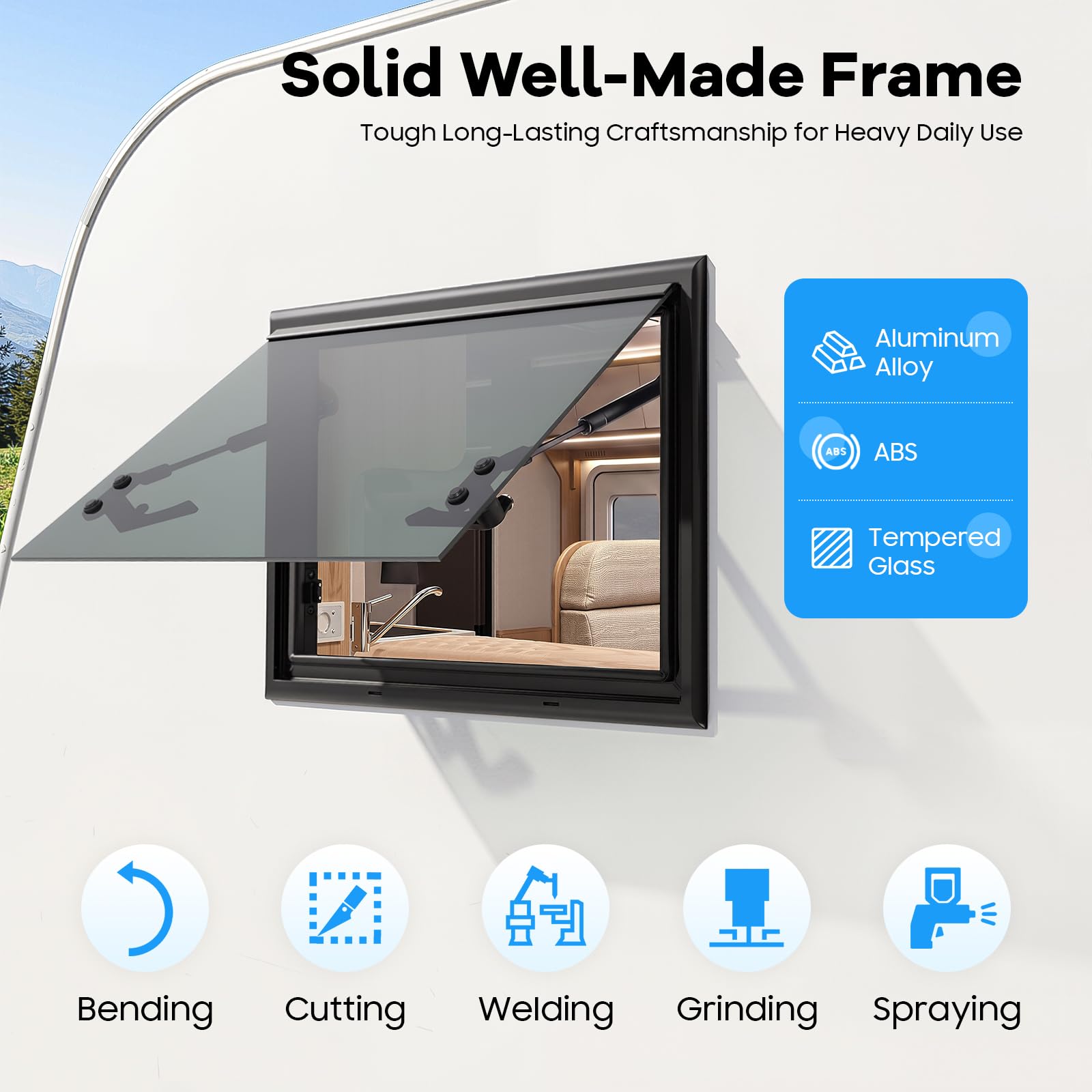 Wohnmobil Fenster RV-Ausstellfenster Wohnmobilfenster Camper Fenster mit Integriertem Rollo und Fliegengitter 85° Öffnungswinkel für Wohnwagen Van Camper (500x350mm Rechteckig)