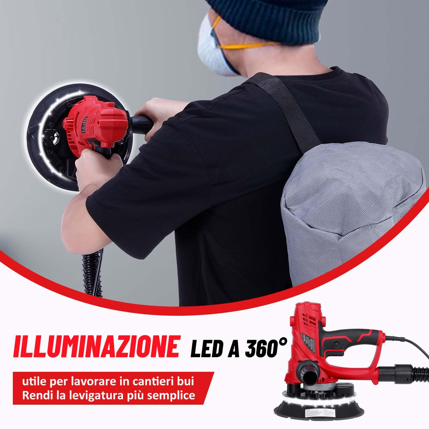 Geevorks Levigatrice per Muro, 850W Levigatrice a Secco Velocità Variabile 1500-2600 Giri al Minuto, Aspirazione Polvere Automatica con Luce a LED, Doppio Manico, Sacco di Raccolta e12 Dischi Abrasivi