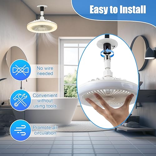 Miniatura 6 de Saillong Paquete de 2 ventiladores de techo cerrados con luz y control remoto, ventiladores de techo E27 de 10 pulgadas sin aspas con luz LED de