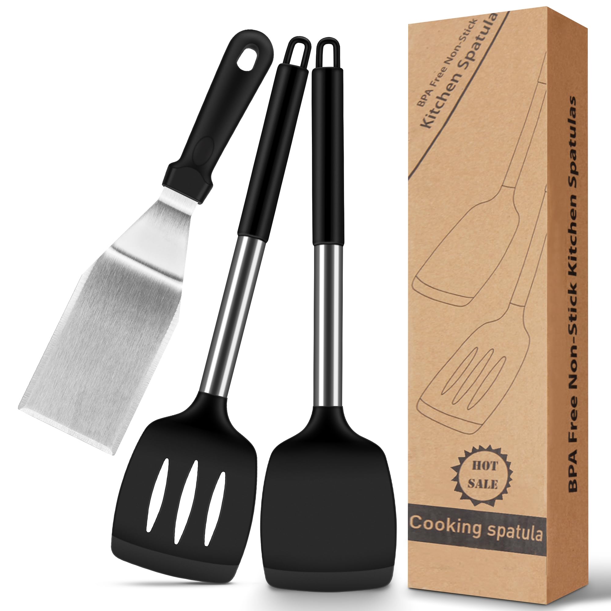 FHISKUNYU Silikon Pfannenwender 2er Set – Hitzebeständig, Kratzfest, Mit Abtropfdesign