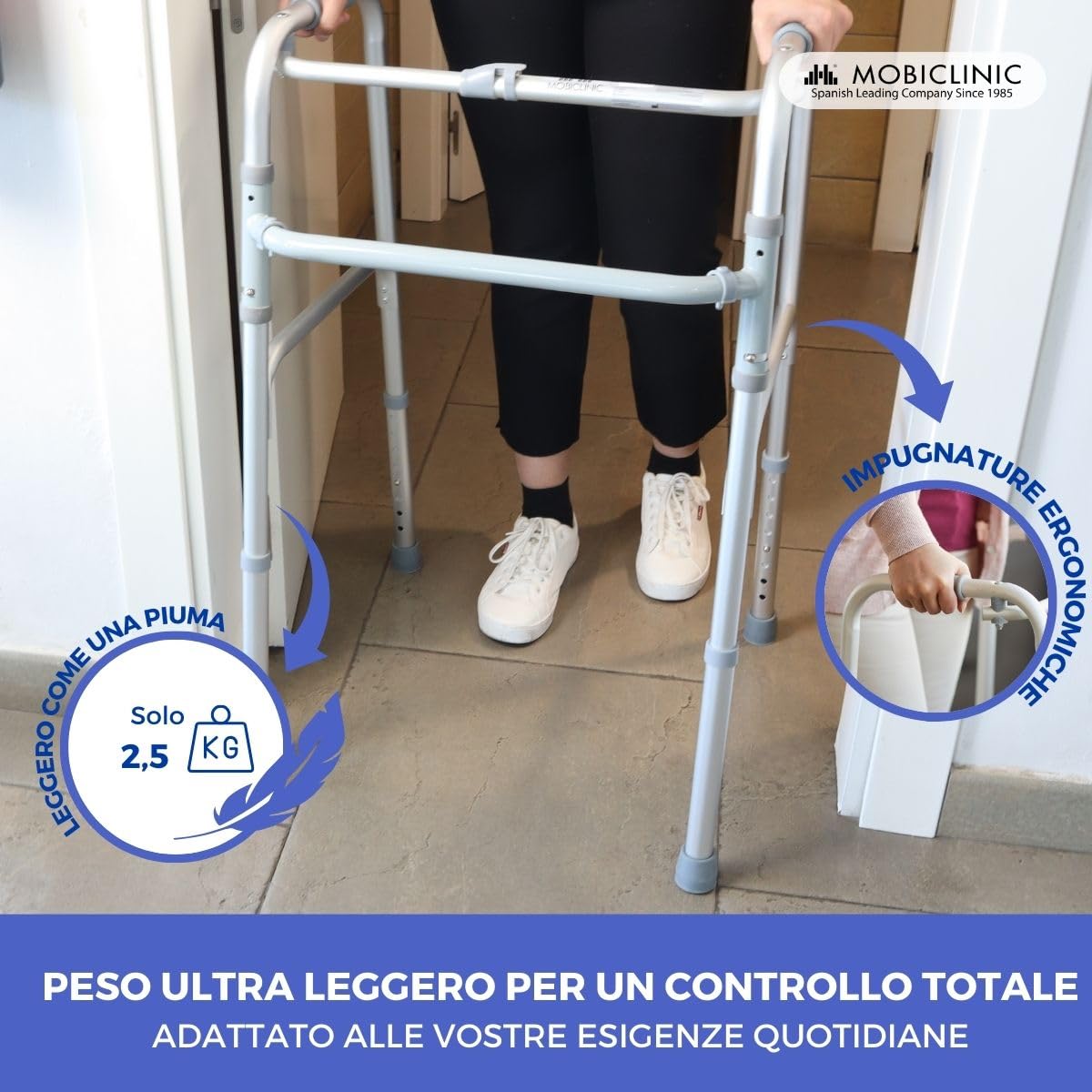 Mobiclinic®, Deambulatore per anziani, Leggero, Pieghevole, Senza ruote, Puntale antiscivolo, Carrello camminare, Fabbricato in alluminio, Modello columna, Marchio europeo, Colore grigio