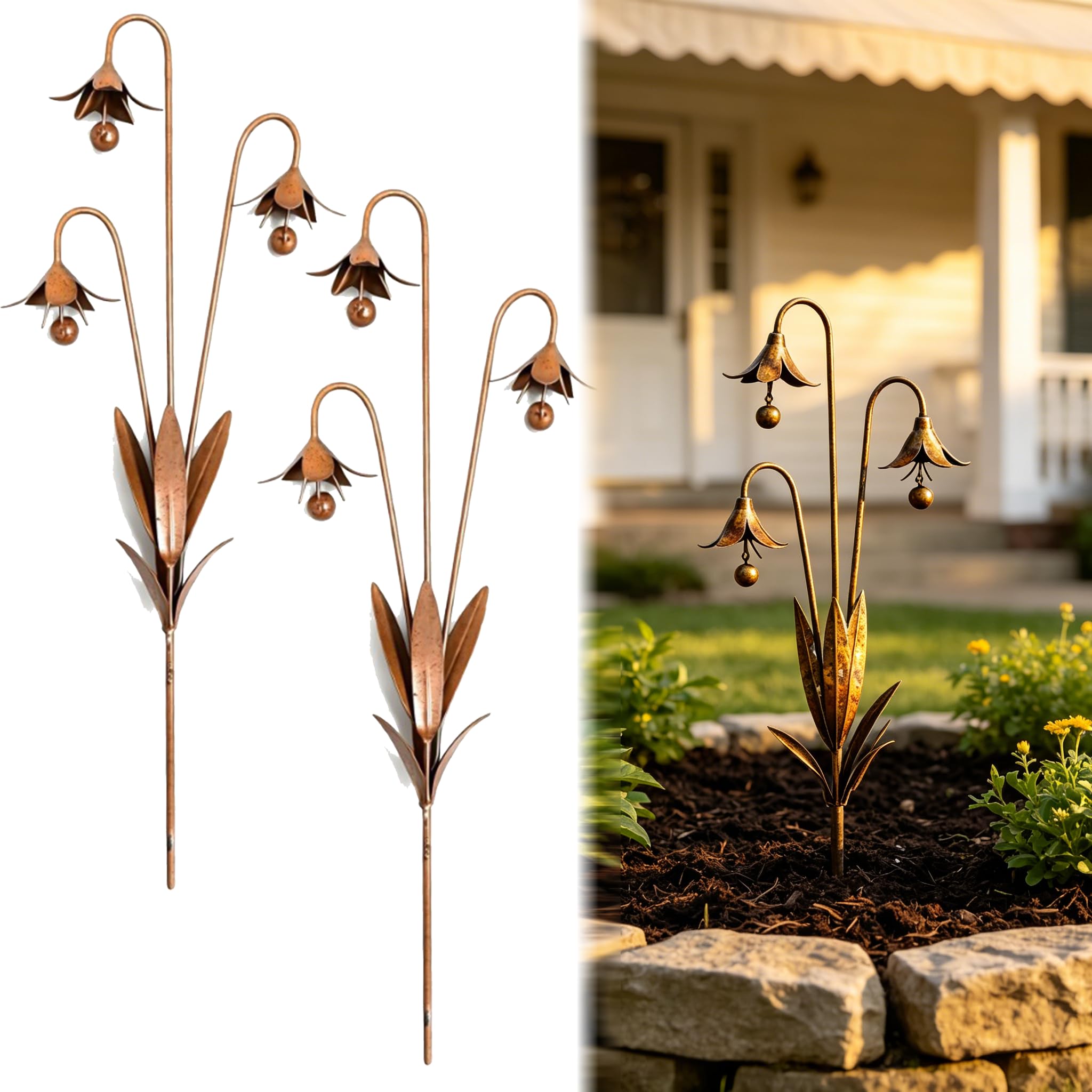 OmniVeyi Bronze Metal Triple Bluebells Garden Stake, 35cm/13.8in Weatherproof Flower Yard Art Decor, Handcrafted Outdoor Ornament for Flower Beds, Planters, Pathways, Lawn & Patio (2PCS)
