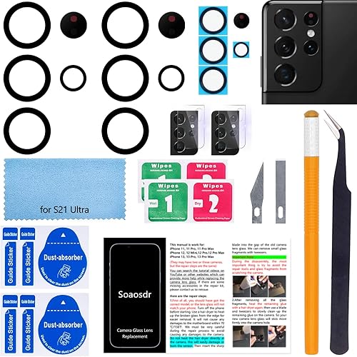 2 piezas de repuesto para lente de cámara trasera trasera original Soaosdr para Galaxy S21 Ultra de 6.8 pulgadas con película protectora de lente,
