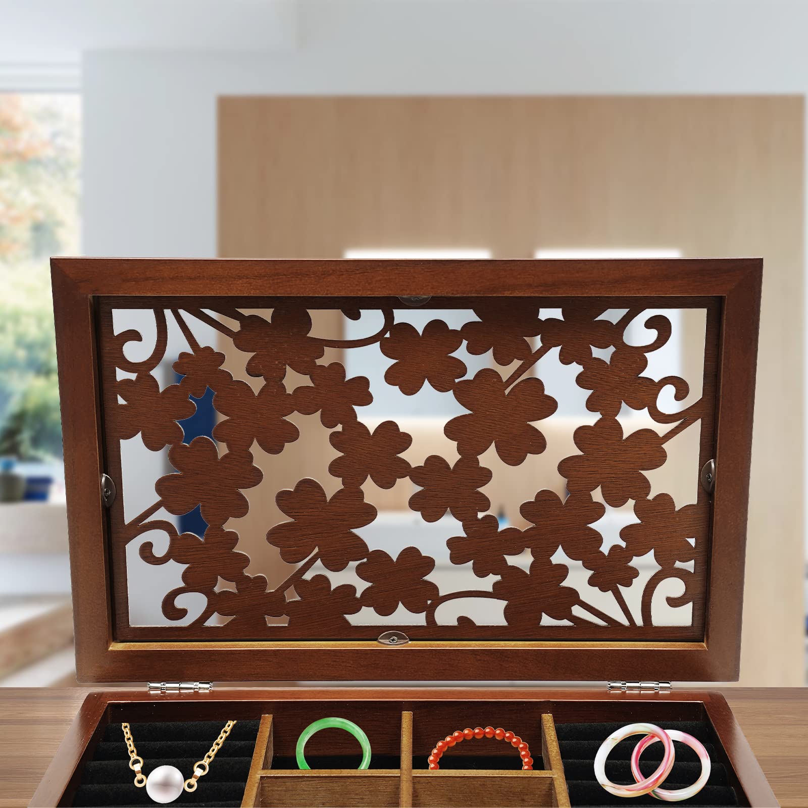 6 Layers Jewelry Box Wooden Jewelry Box organizer / pudełko na kolekcję dla kobiet, szkatułka na biżuterię, gumowa wyściółka i wyściółka ochronna, na kolczyki, bransoletki, naszyjniki