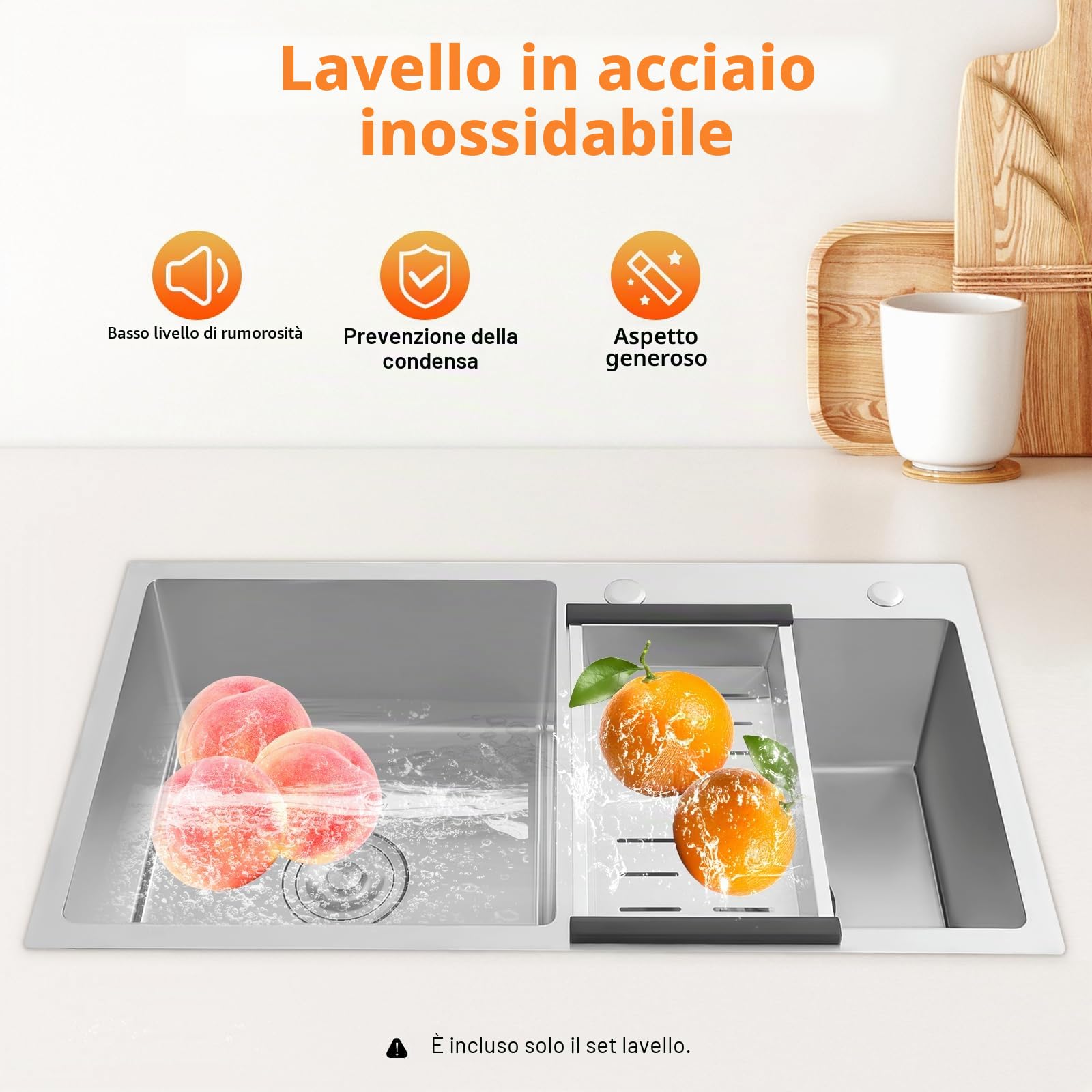 Doppio lavello in acciaio inox, lavello da cucina con scolapiatti, lavello da incasso, lavello rettangolare, scolapiatti, 78 x 43 x 21 cm