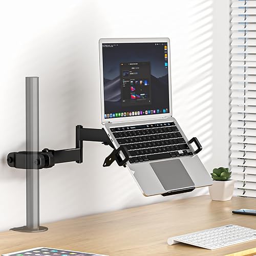 Miniatura 7 de PUTORSEN Bandeja de montaje en poste para laptop, soporte universal de brazo de movimiento completo con placa VESA extraíble de 2.953 in y 3.937 in,