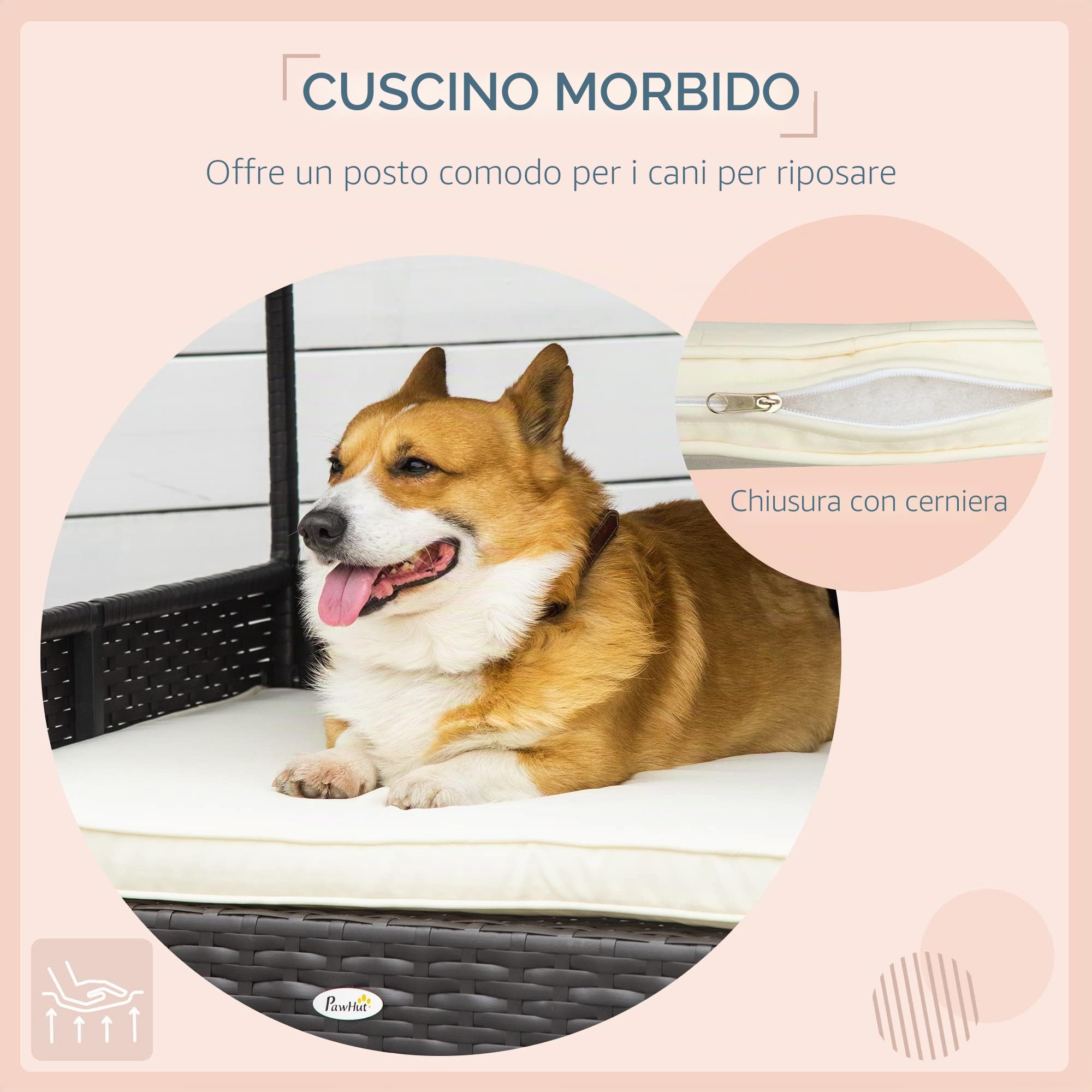 Pawhut Cuccia per cani con cuscino, letto per cani a forma di casa, casa per esterni, telaio in acciaio, PP Rattan, nero, 95 x 69 x 70 cm